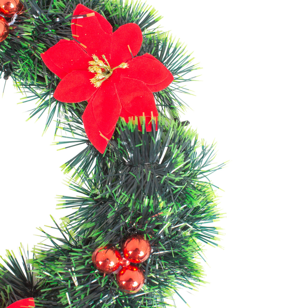 Christmas Tinsel Wreath Red Poinsettia & Bauble Green 30cm Dia 1pc