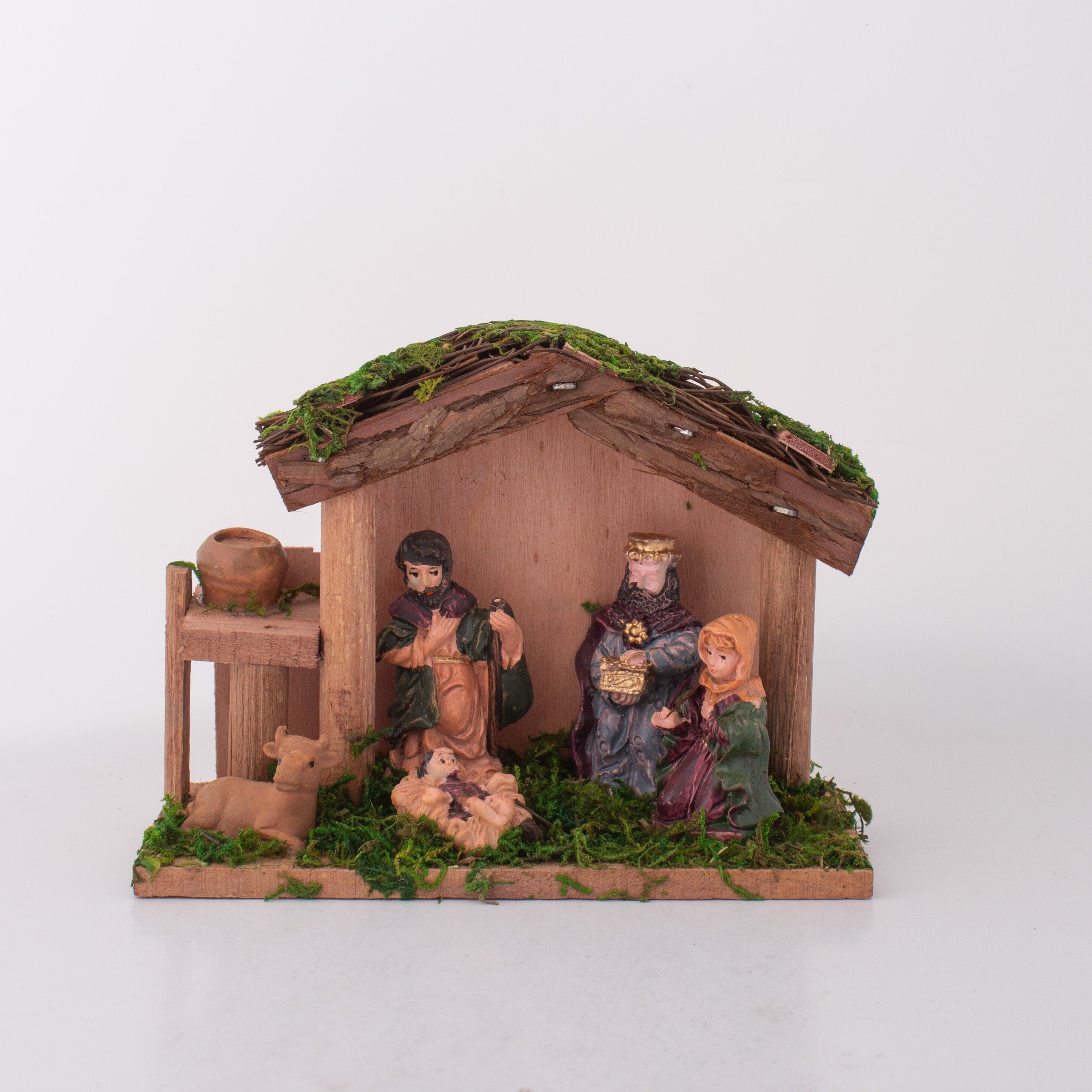 Christmas Wooden Crib Nativity scene with figurines Cow 15 X 10.5cm 5 pc1 Box