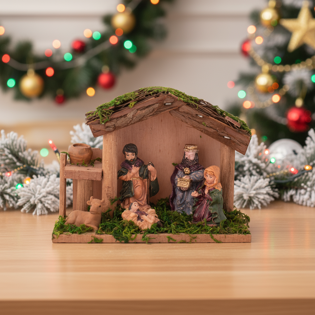 Christmas Wooden Crib Nativity scene with figurines Cow 15 X 10.5cm 5 pc1 Box