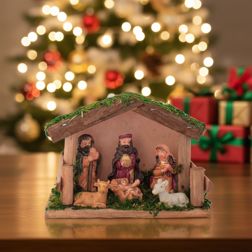 Christmas Wooden Crib Nativity scene with figurines Cow with Deer 15 X 10.5cm 5 pc1 Box