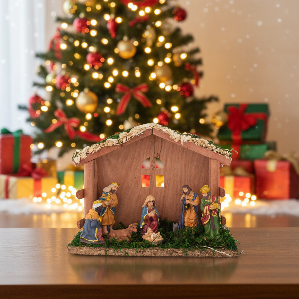 Christmas Wooden Crib Nativity scene with figurines Cow with Hores 20 X 15.5cm 8pcs1 Box