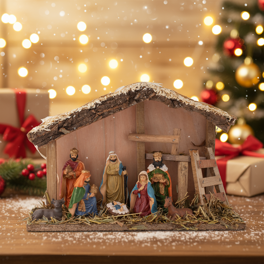 Christmas Wooden Crib Nativity scene with figurines 30 X 20cm 8pcs1 Box