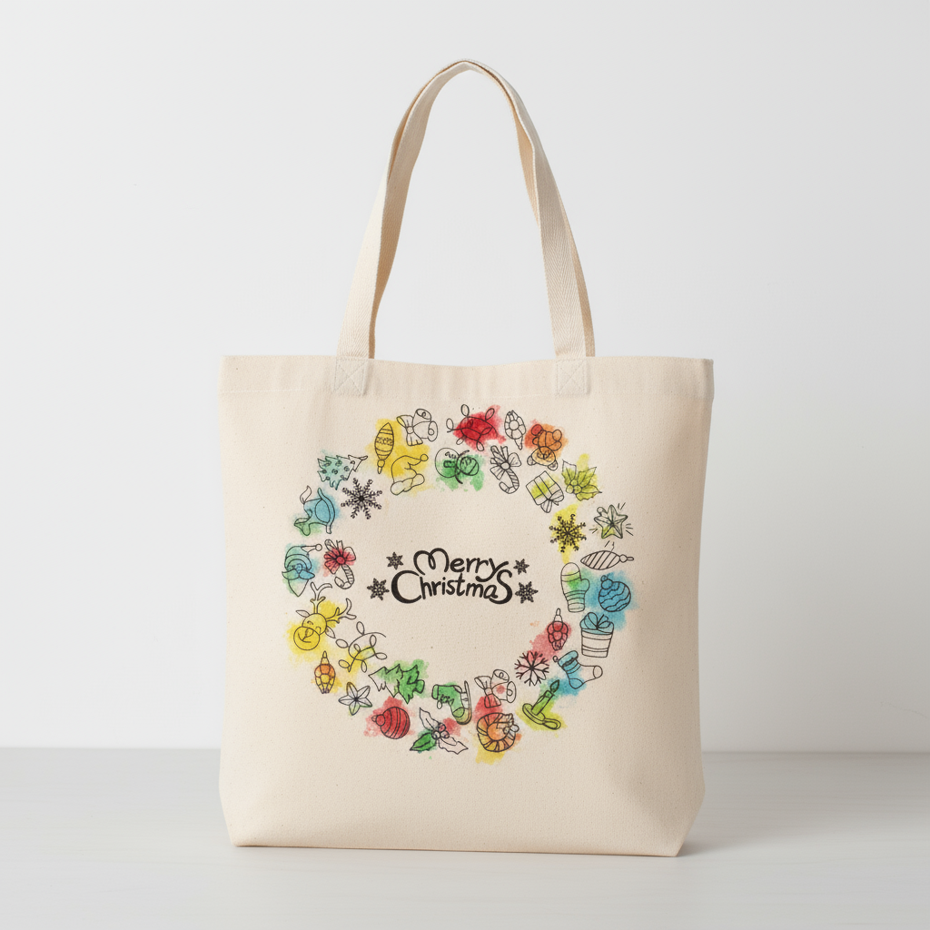 Christmas Pre-Printed Colour Your Own Tote Bag - Celebrate Christmas Approx 12.75 x 12.75inch 1bag