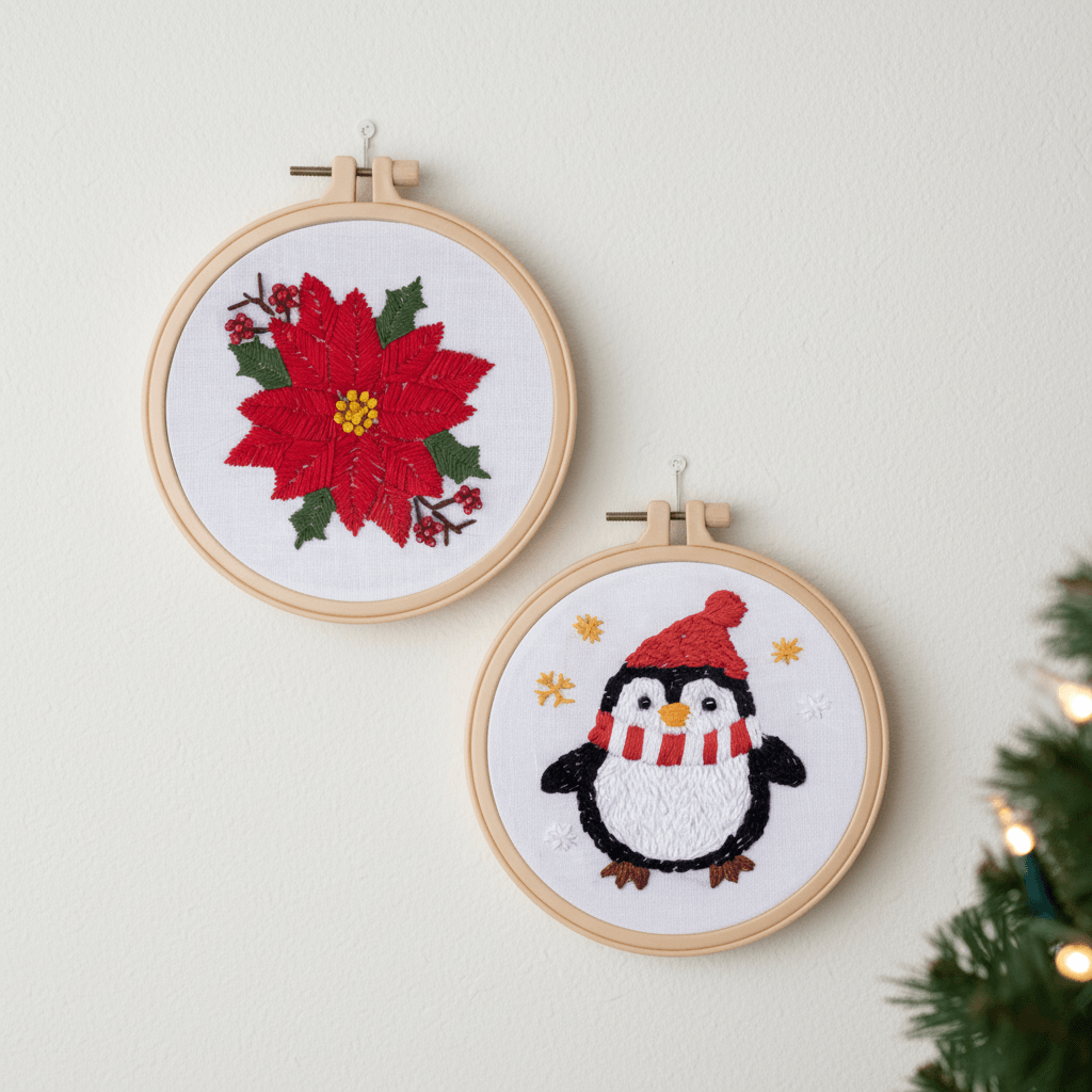Christmas Embroidery Decor Kit Penguin & Poinsettia Makes-2 1Box