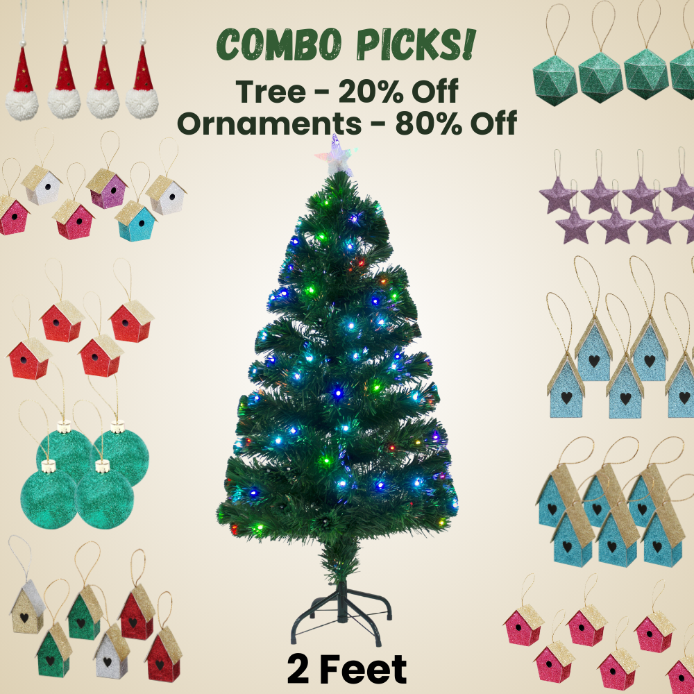 2 Feet - Christmas LED Fibre Optic Tree with Colour Changing Lights & Star 55 Branches (60cm) 1pc  (Ornaments Combo)