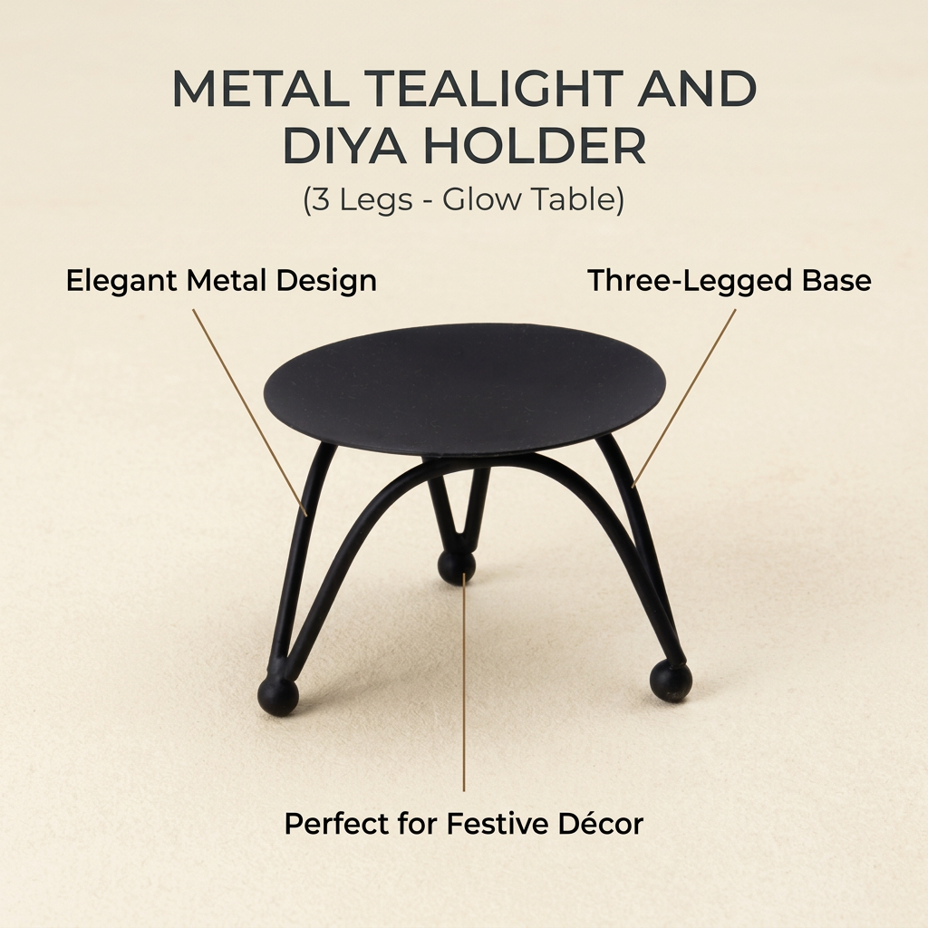 Metal Tealight and Diya Holder with 3 Legs Glow Table Black 7.5 X 7.5 X 5.5cm 1pc