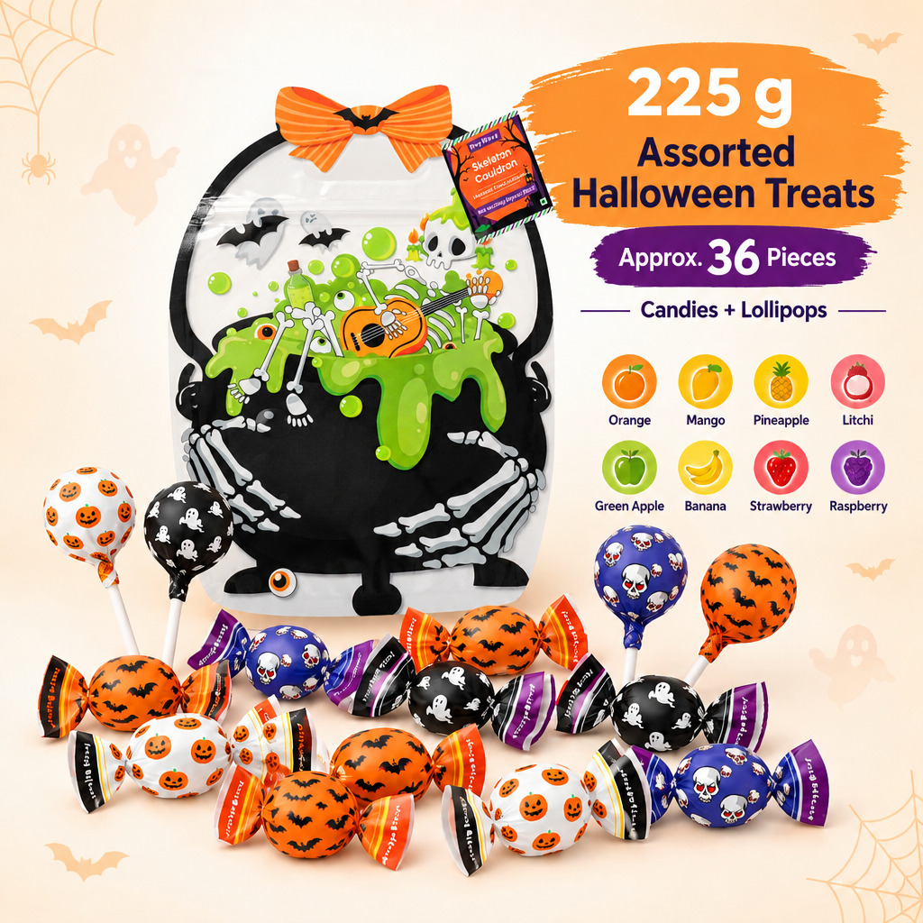 Assorted Candy Pouch Skeleton Cauldron 225gm