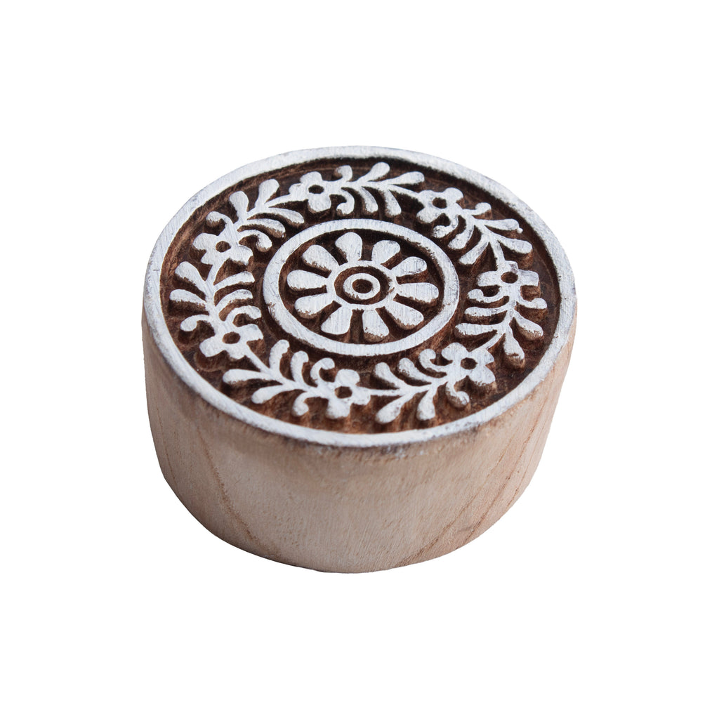 Hand Carved Wooden Printing Block Floral Circle 3inch Dia 1pc