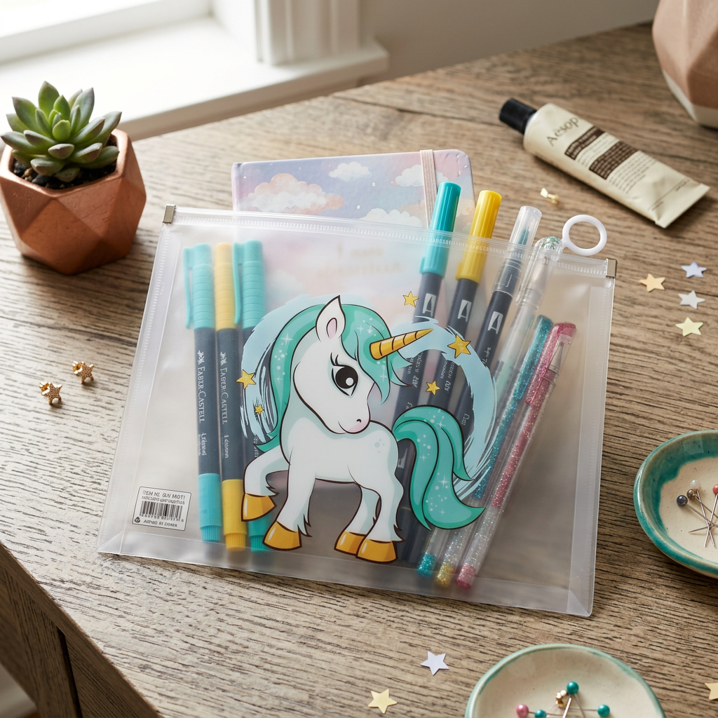 Multipurpose PVC Zip Lock Pouch Transparent Unicorn Green A4 1pc