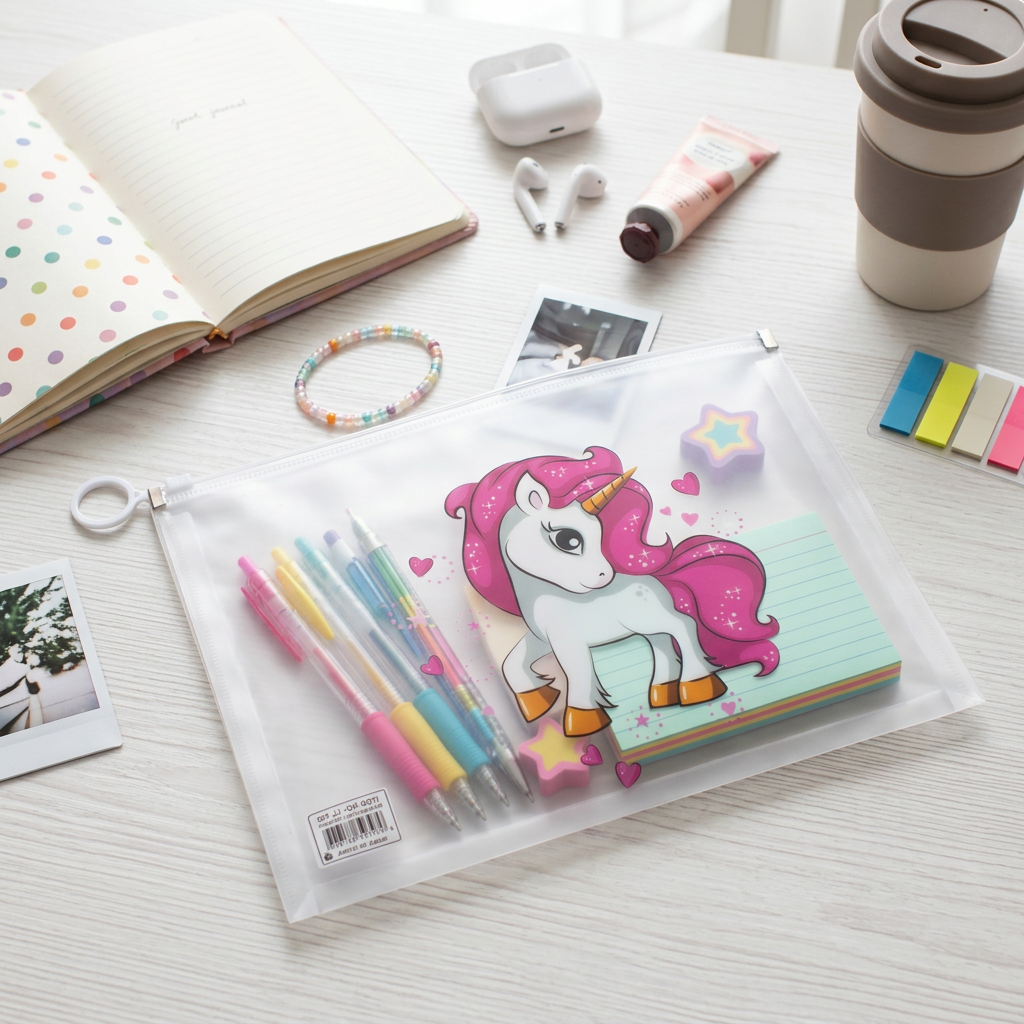 Multipurpose PVC Zip Lock Pouch Transparent Unicorn Red A4 1pc