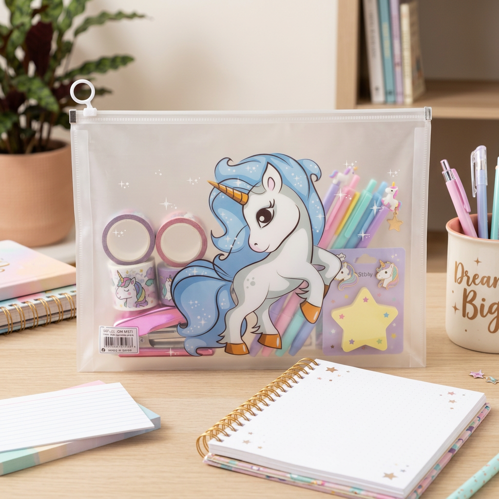 Multipurpose PVC Zip Lock Pouch Transparent Unicorn Blue A4 1pc