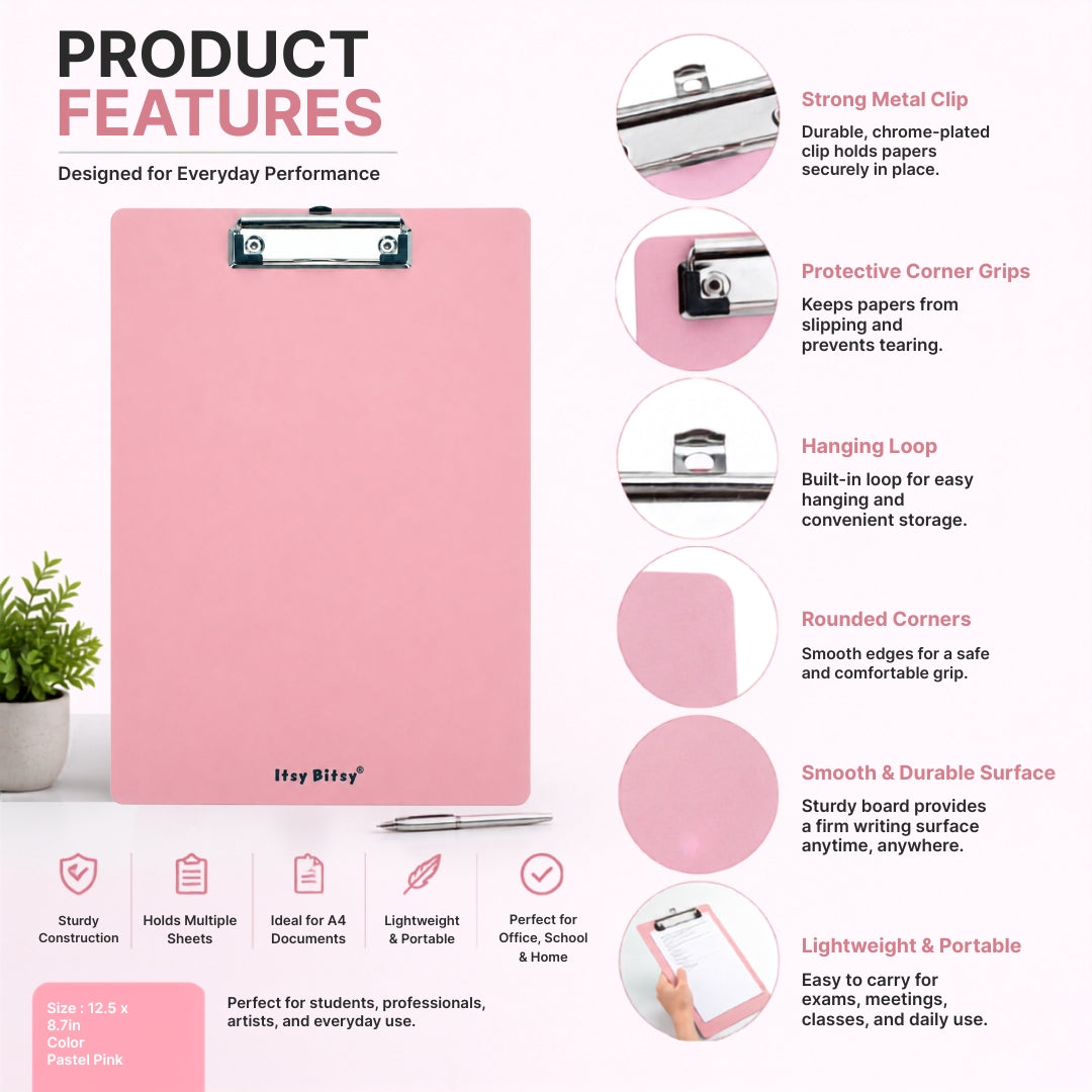 Exam Clipboard Plastic Pink A4 1pc