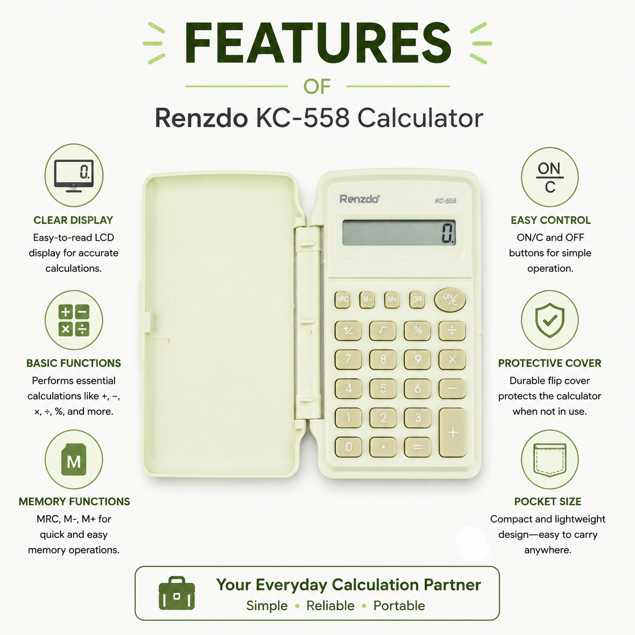 Mini Calculator With Flip Cover Battery Operated Lime Green 8 Digit 1 Pc