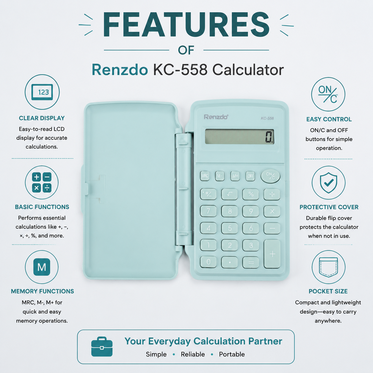 Mini Calculator With Flip Cover Battery Operated Seafoam 8 Digit 1 Pc