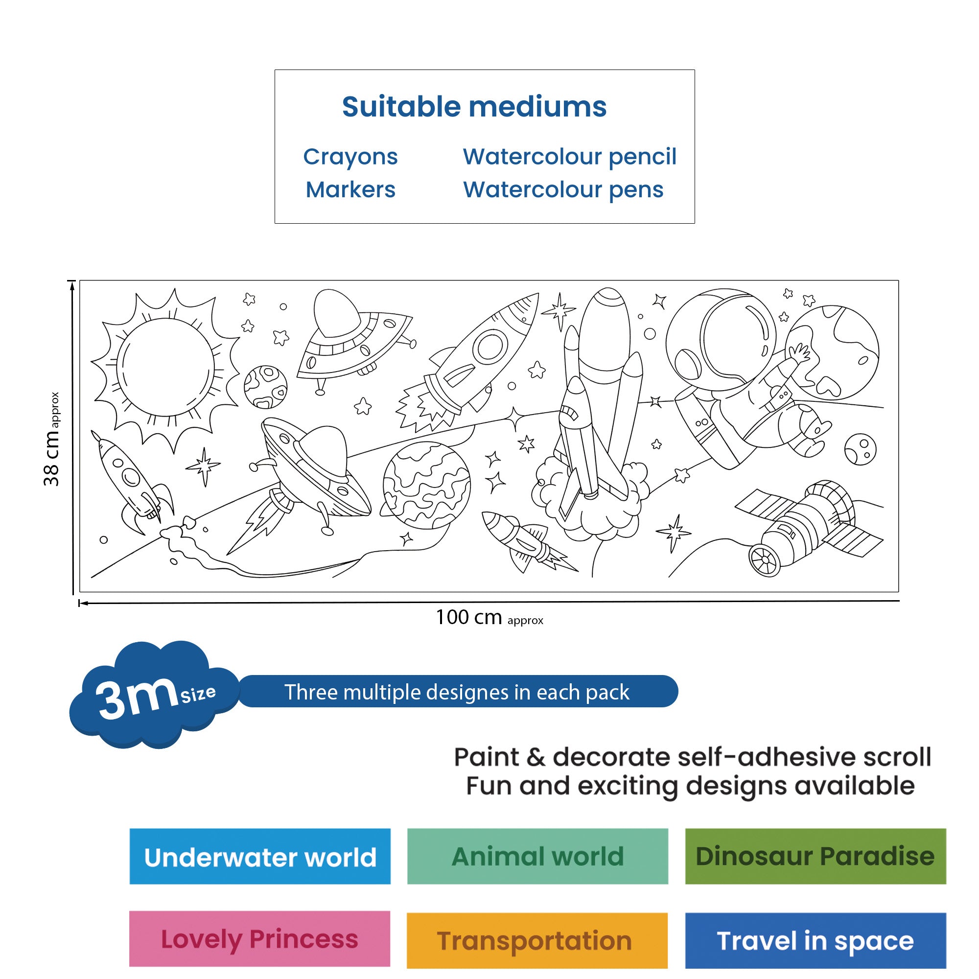 Repositionable Creative Colouring Paper Roll Travel In Space 3mtr X W38cm 1 BOX