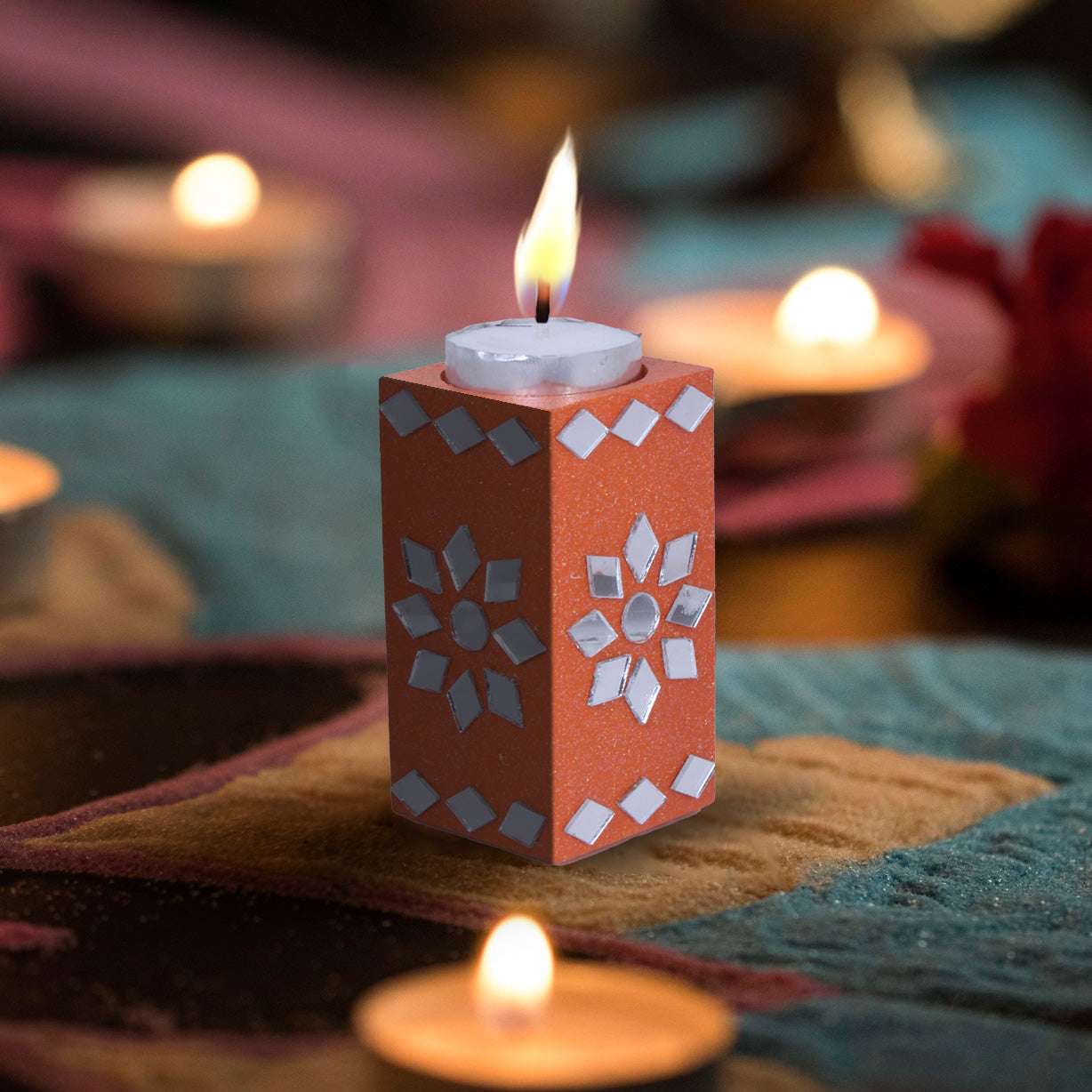 Mirror Art Tealight Holder Florista Orange 3.5inch 1pc ( Candle Included 1pc)