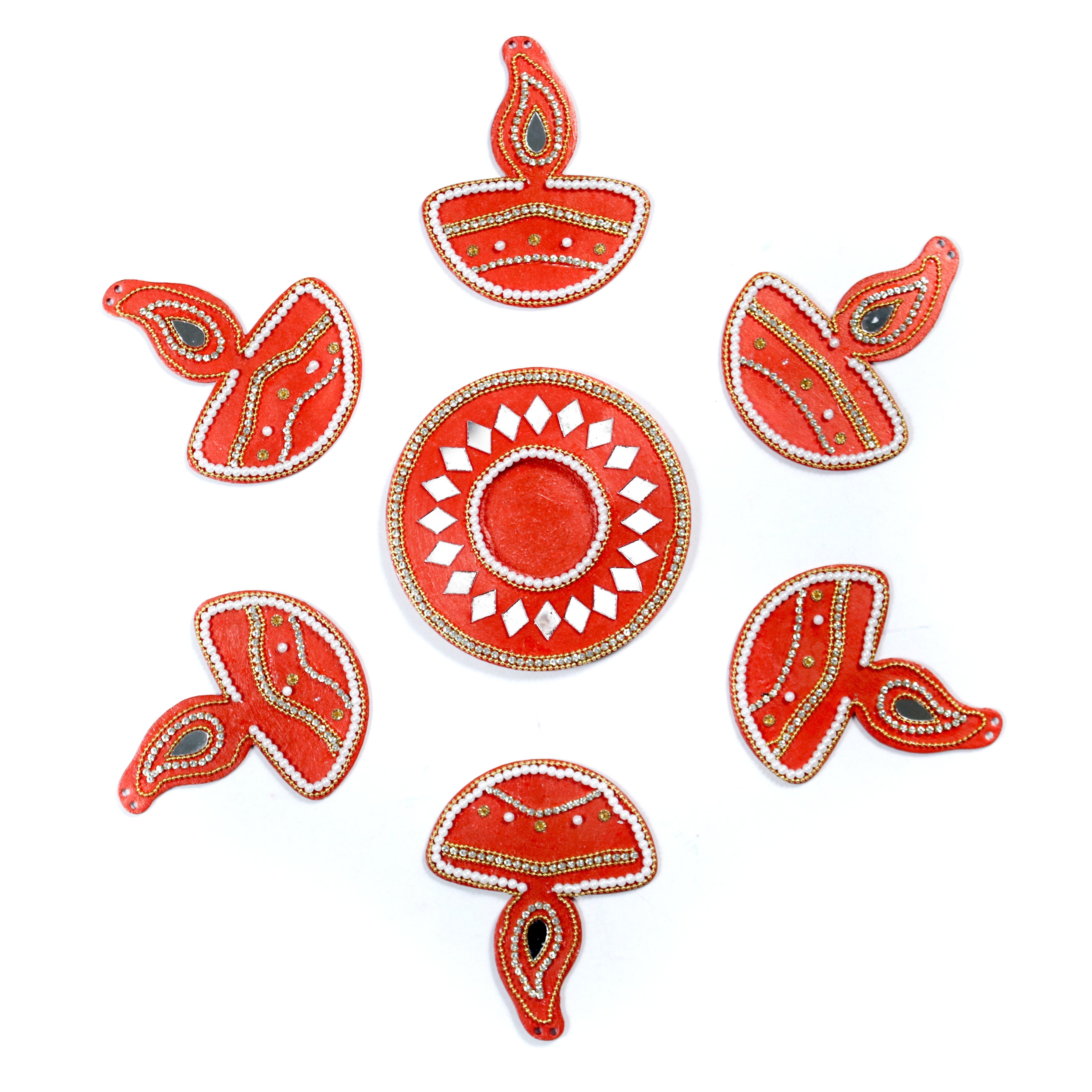 Diwali Decor Combo - Mirror Work Tealight Holder Diamond Delight Red 4in Dia & Ornate Festive Lamp Hanging Decor Red (pack of 7pc) - (Tealight Candle Included)