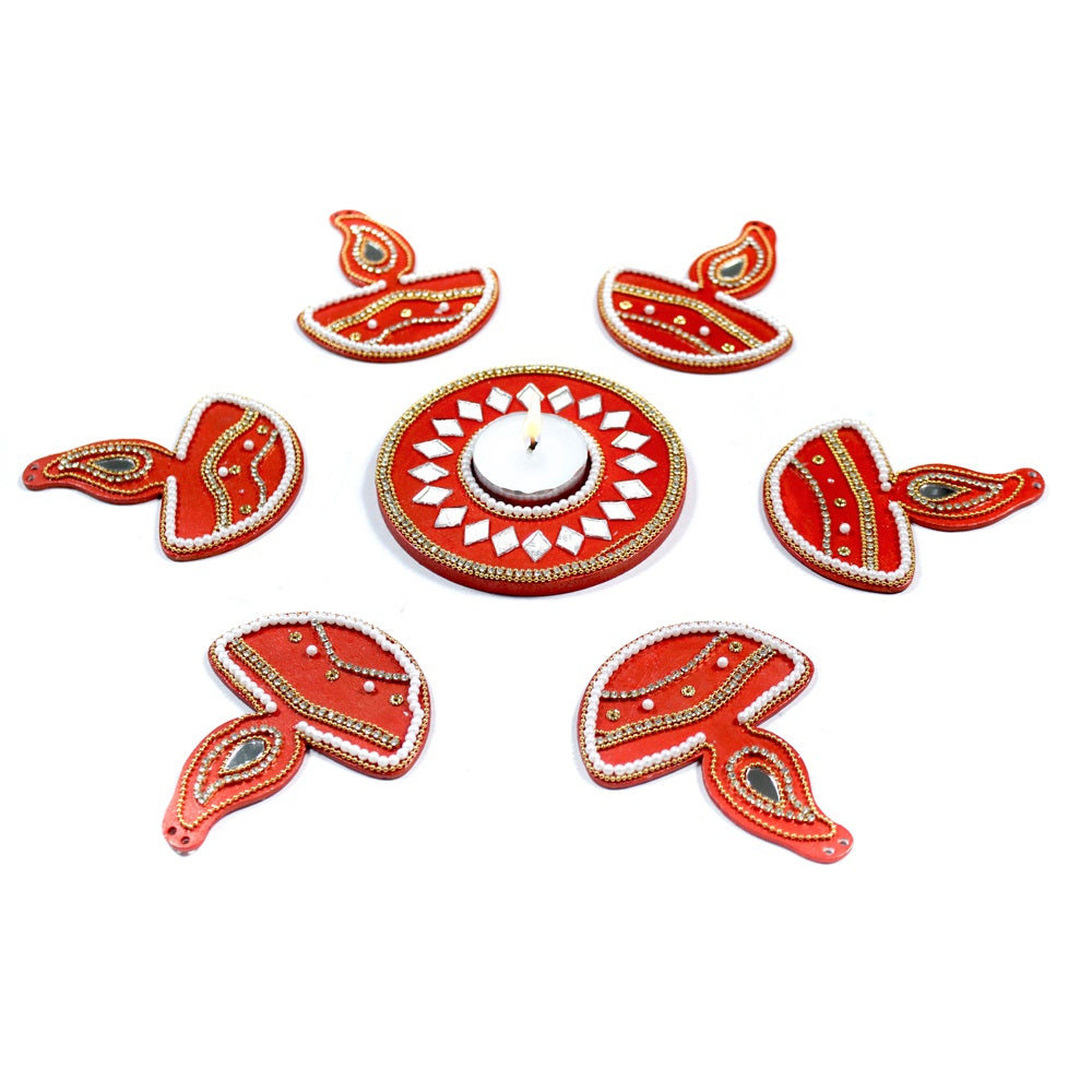Diwali Decor Combo - Mirror Work Tealight Holder Diamond Delight Red 4in Dia & Ornate Festive Lamp Hanging Decor Red (pack of 7pc) - (Tealight Candle Included)