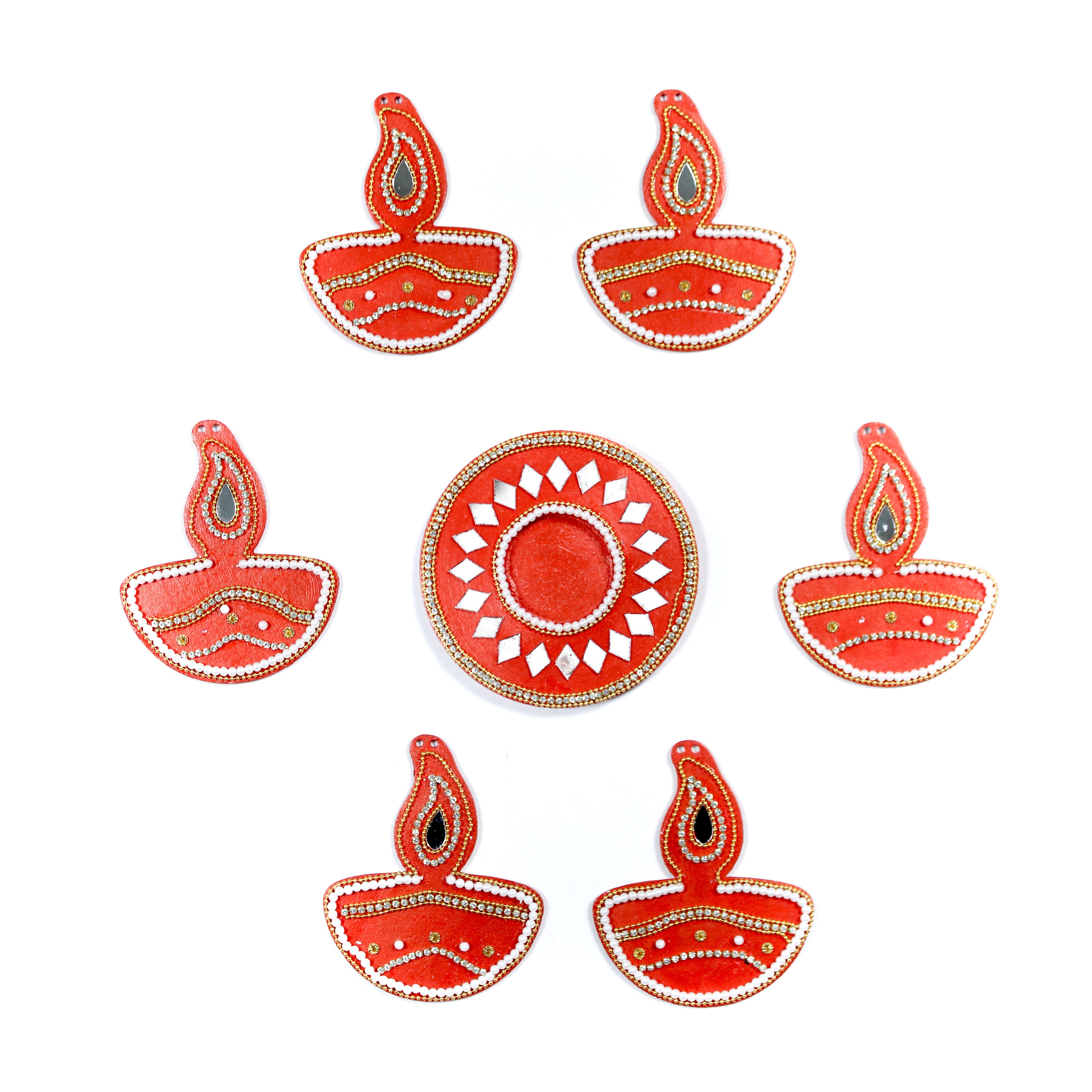 Diwali Decor Combo - Mirror Work Tealight Holder Diamond Delight Red 4in Dia & Ornate Festive Lamp Hanging Decor Red (pack of 7pc) - (Tealight Candle Included)
