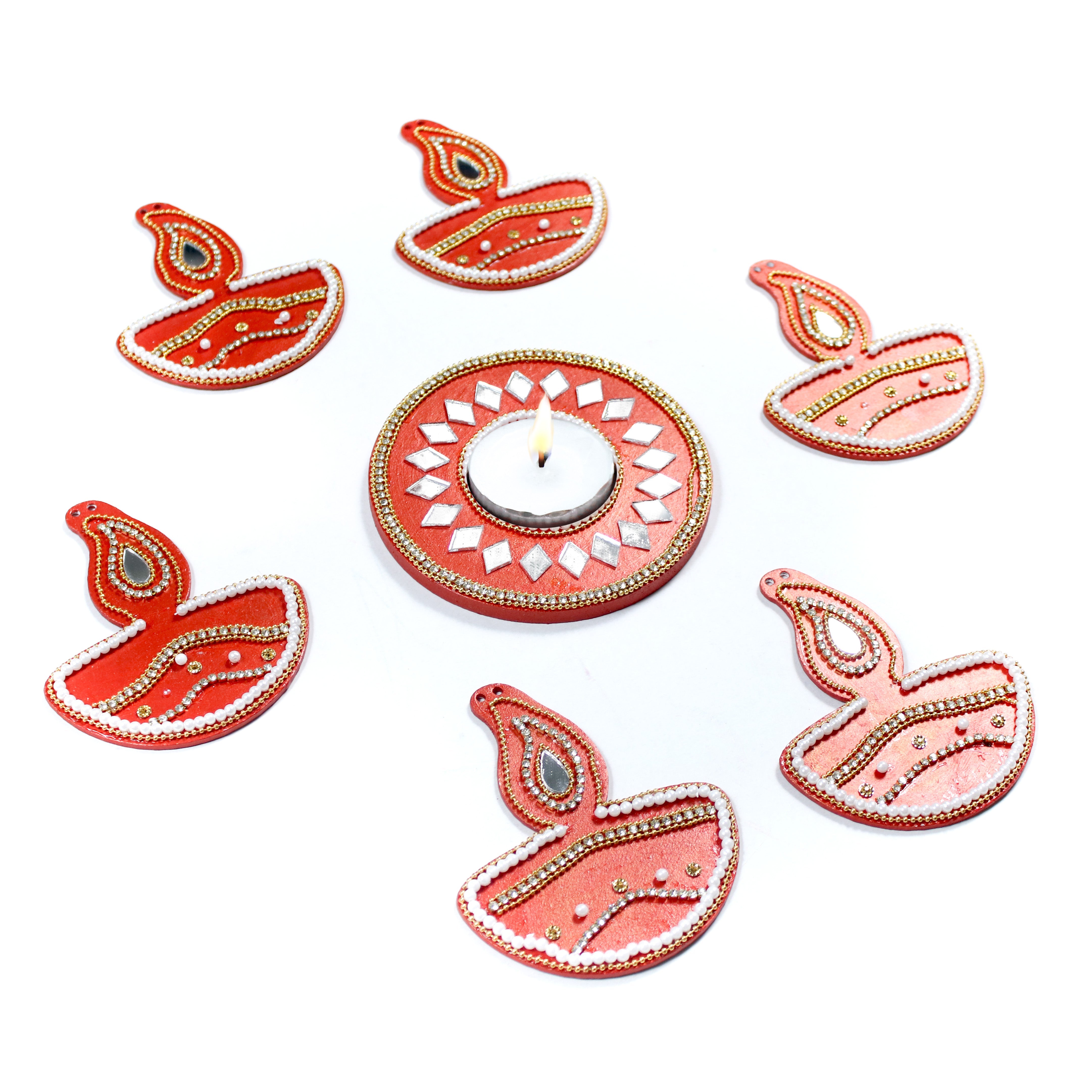 Diwali Decor Combo - Mirror Work Tealight Holder Diamond Delight Red 4in Dia & Ornate Festive Lamp Hanging Decor Red (pack of 7pc) - (Tealight Candle Included)