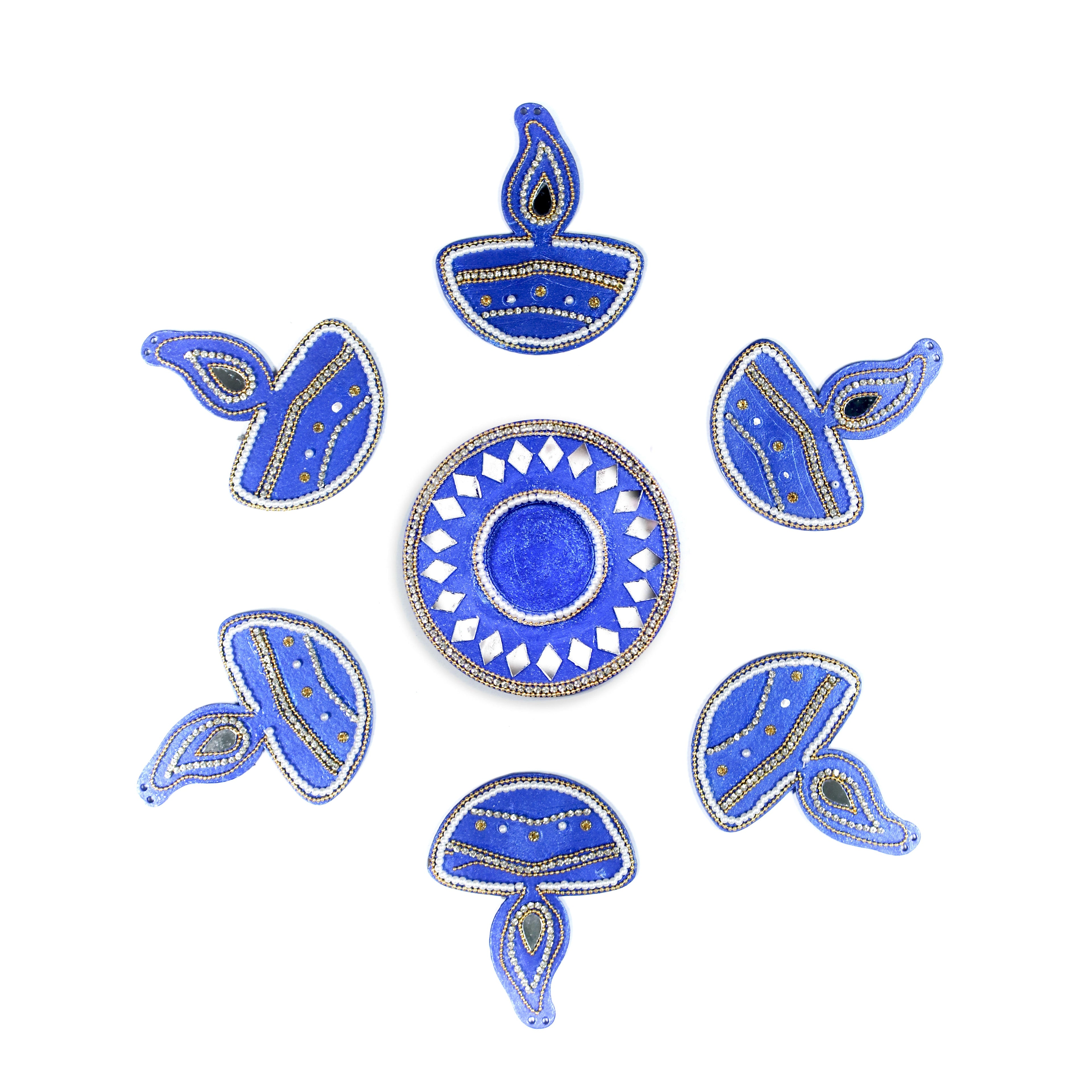 Diwali Decor Combo - Mirror Work Tealight Holder Diamond Delight Blue 4in Dia & Ornate Festive Lamp Hanging Decor Blue (pack of 7pc) - (Tealight Candle Included)