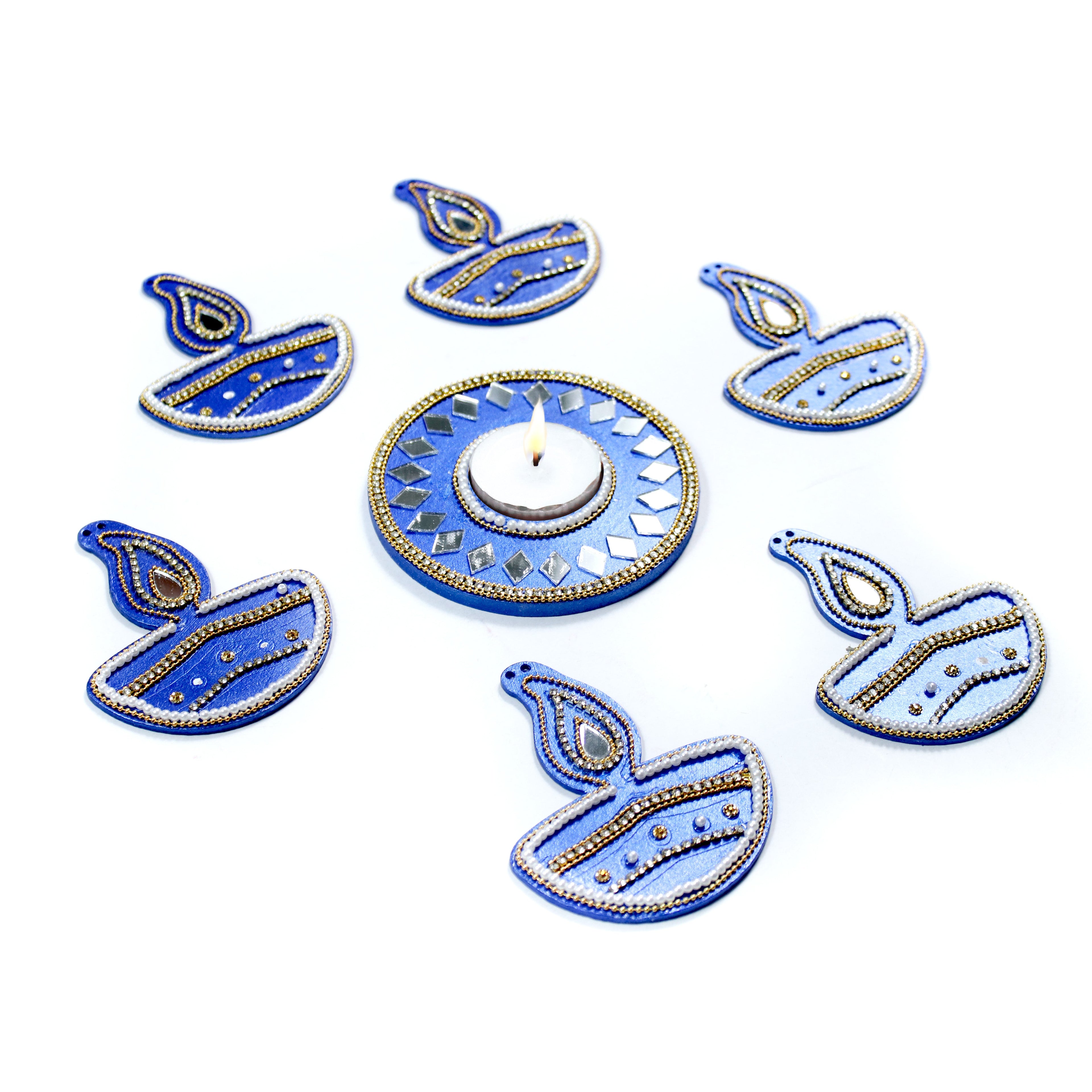 Diwali Decor Combo - Mirror Work Tealight Holder Diamond Delight Blue 4in Dia & Ornate Festive Lamp Hanging Decor Blue (pack of 7pc) - (Tealight Candle Included)
