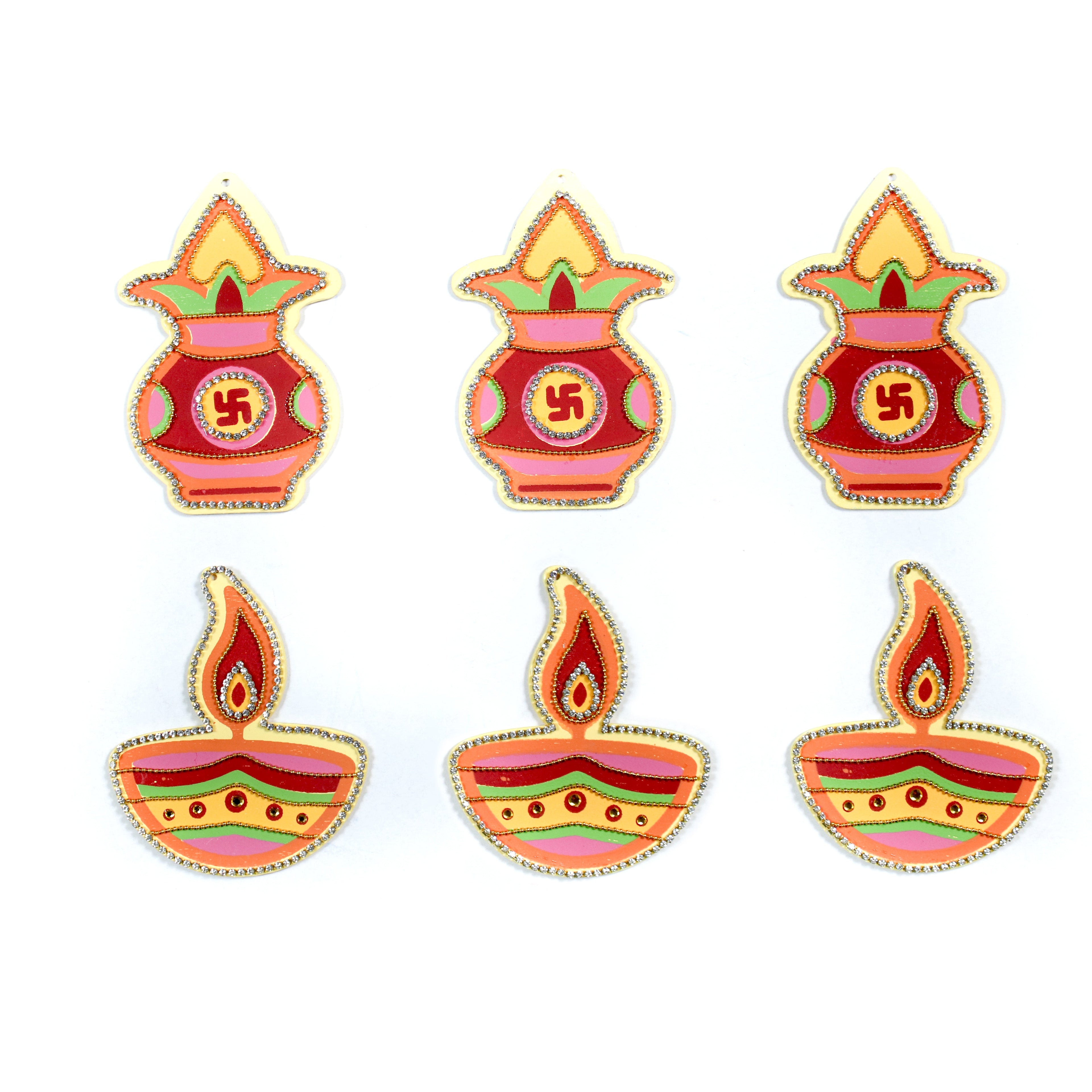 Diwali Decor combo - Mangal Kalash & Festive Lamp 4.5 X 3inch 2mm Thick (Pack of 3 each)