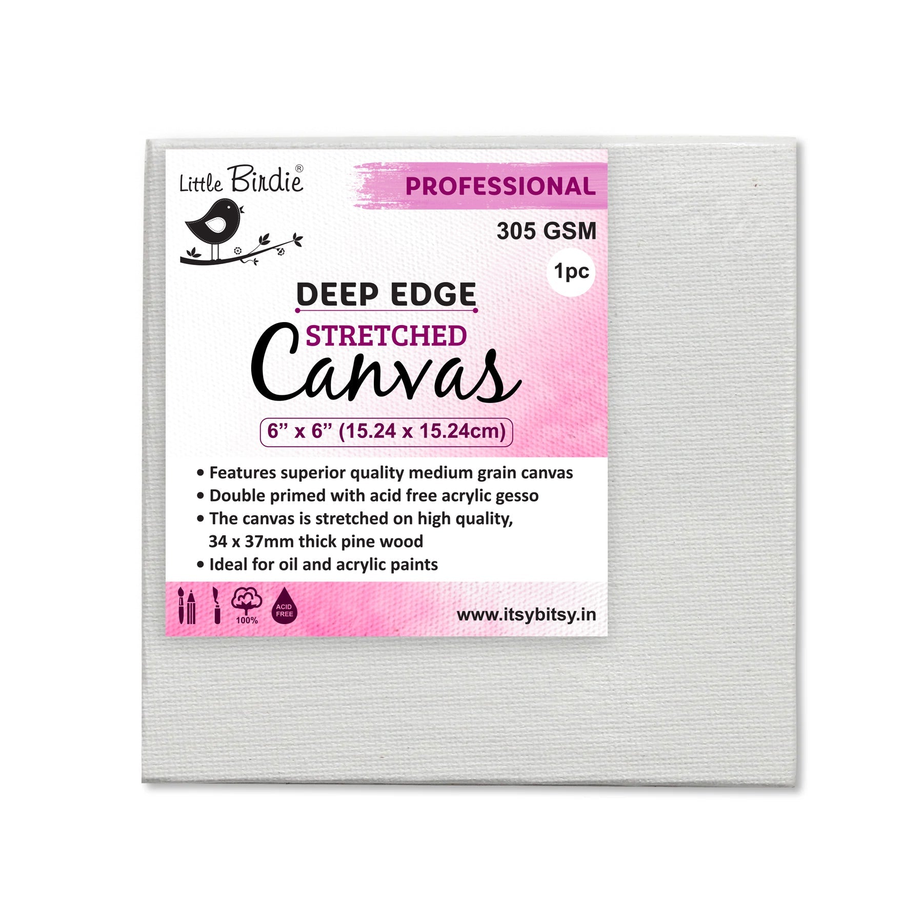 Stretched Canvas Deep Edge Frame 34X37Mm 305Gsm 6 X 6Inch 1Pc