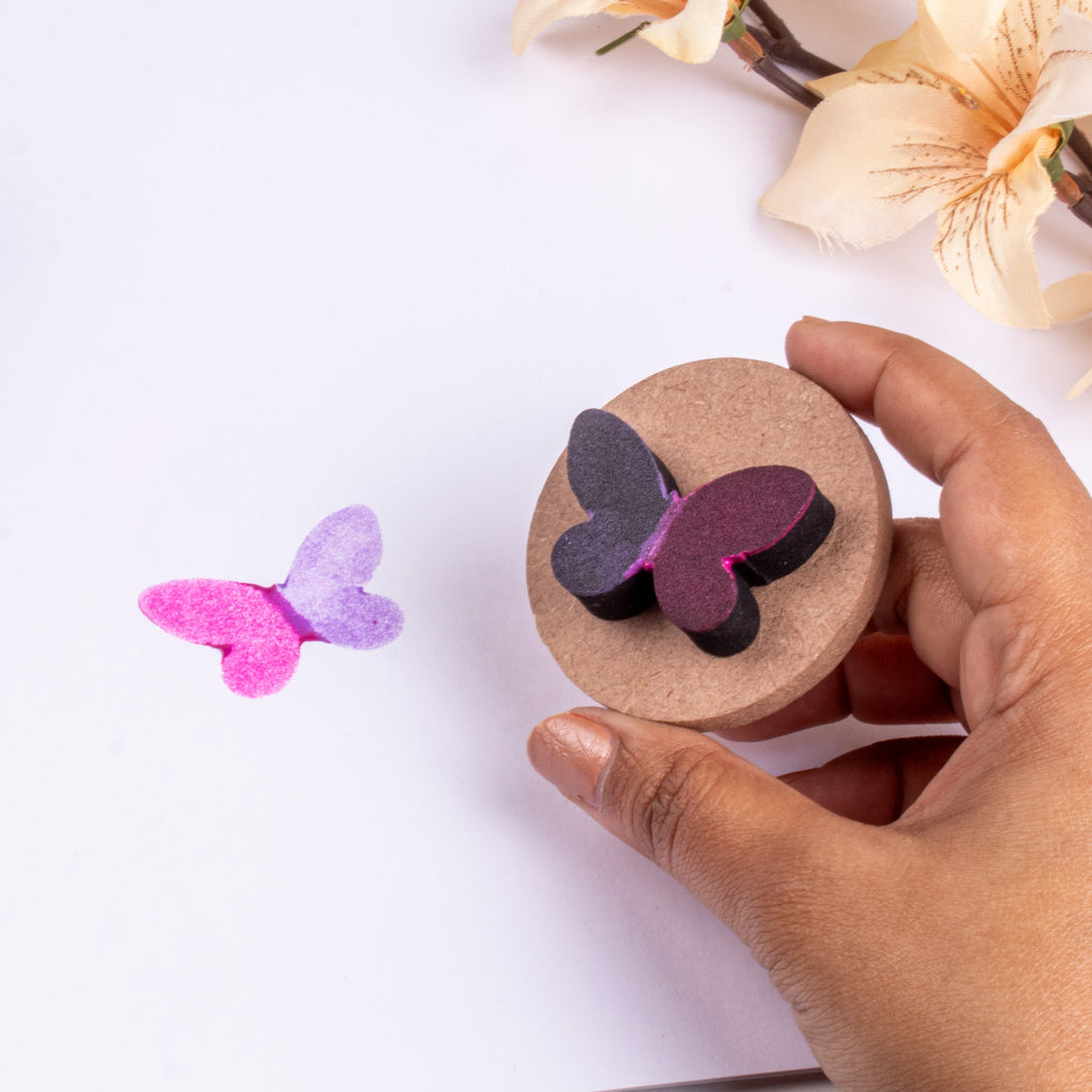 Foam Stamp - Butterfly | 3.7cm x 2.5cm | 10mm Thick (MDF Base 5.5mm thick round 5cm dia,) 1pc