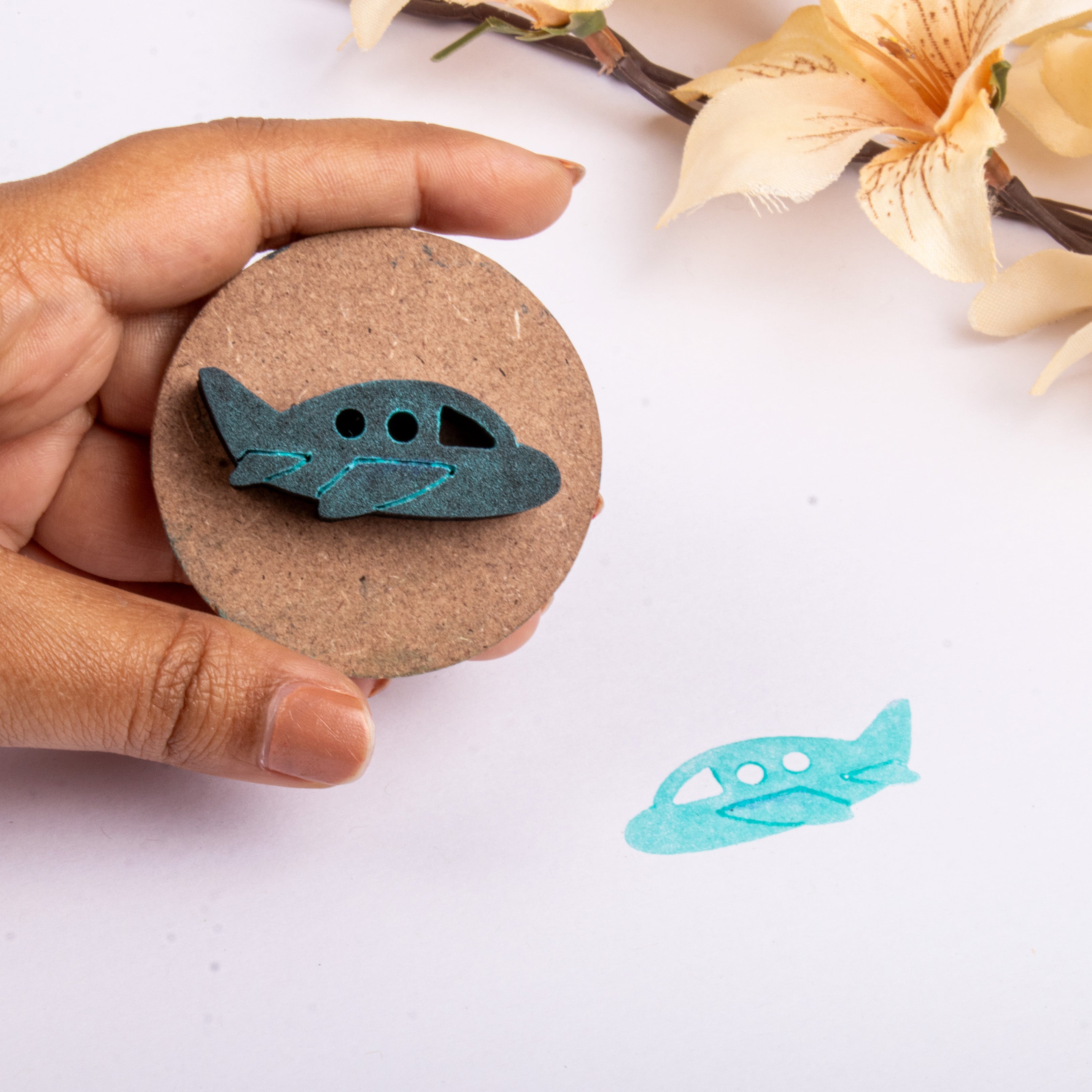 Foam Stamp - Aeroplane |4.1cm x 1.5cm | 10mm Thick (MDF Base 5.5mm thick round 5cm dia) 1pc