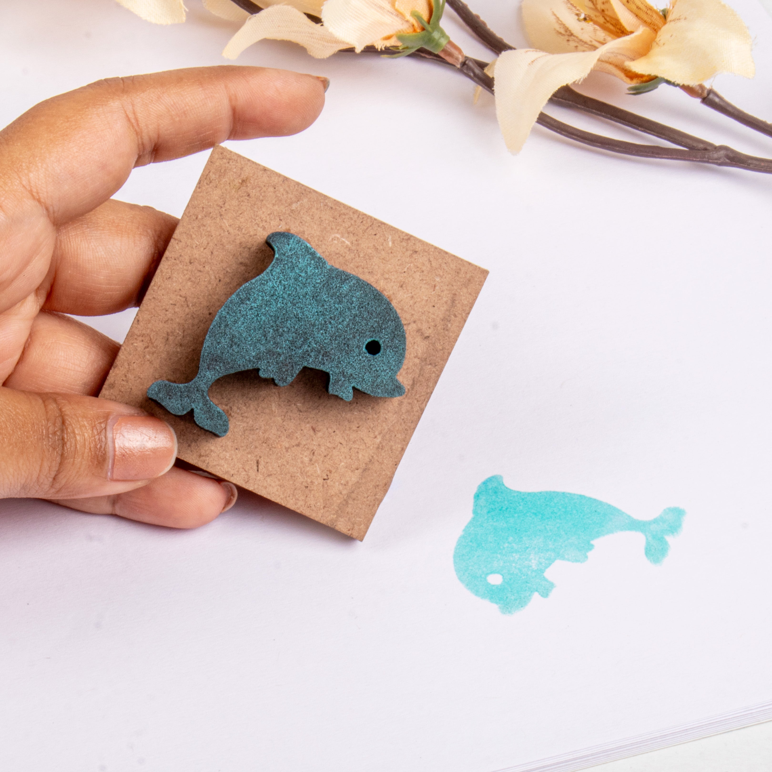 Foam Stamp - Dolphin, 3.8cm x 3.5cm, 10mm Thick (MDF Base 5.5mm thick square 5x5cm ) 1pc