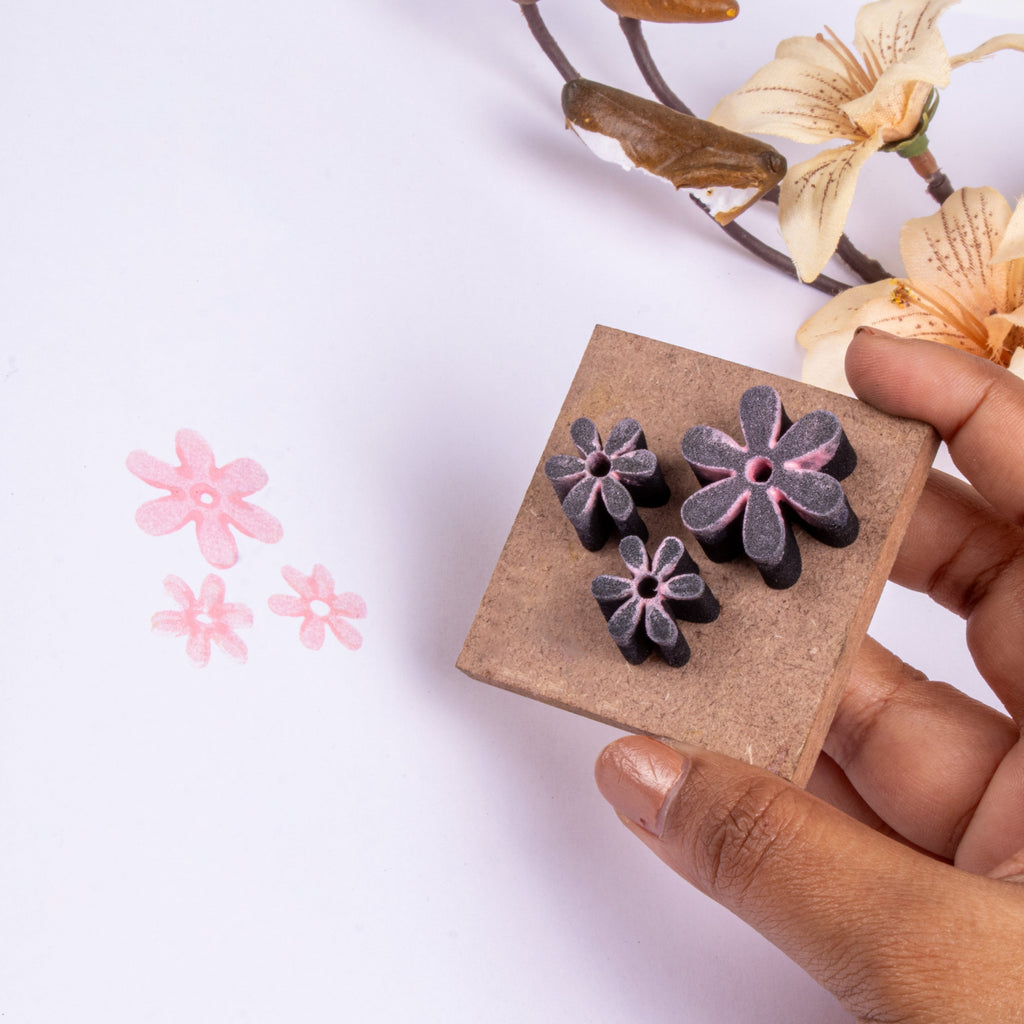 Foam Stamp - Flower Collection (3 flowers) Big | 2.3 x 2.3cm & small 1.5 x 1.5cm | 10mm Thick (MDF Base 5.5mm thick square 5x5cm ) 1pc