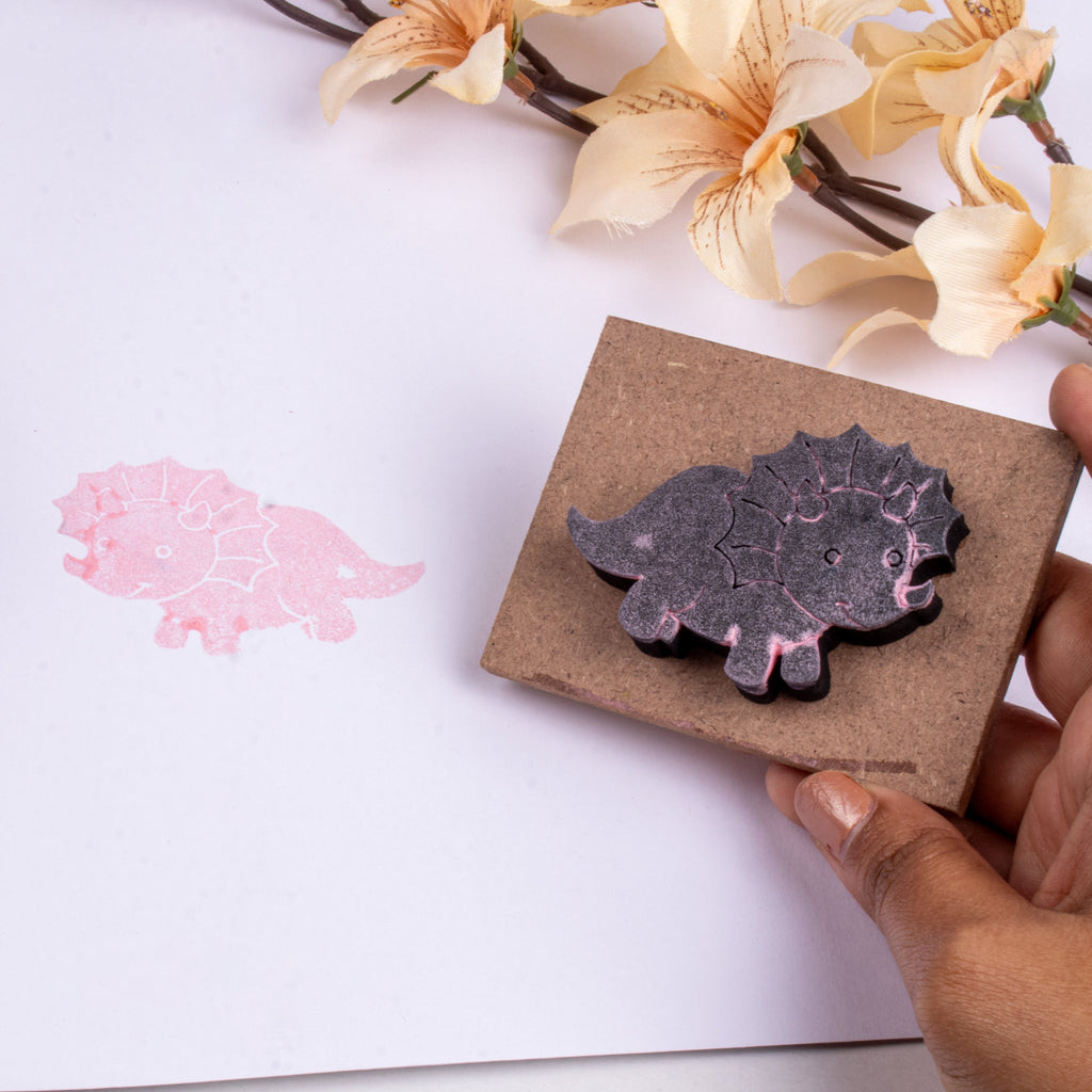 Foam Stamp - Triceratop | 5.8cm x 4cm | 10mm Thick (MDF Base 5.5mm thick rectangle 8.2 x 5.9cm) 1pc