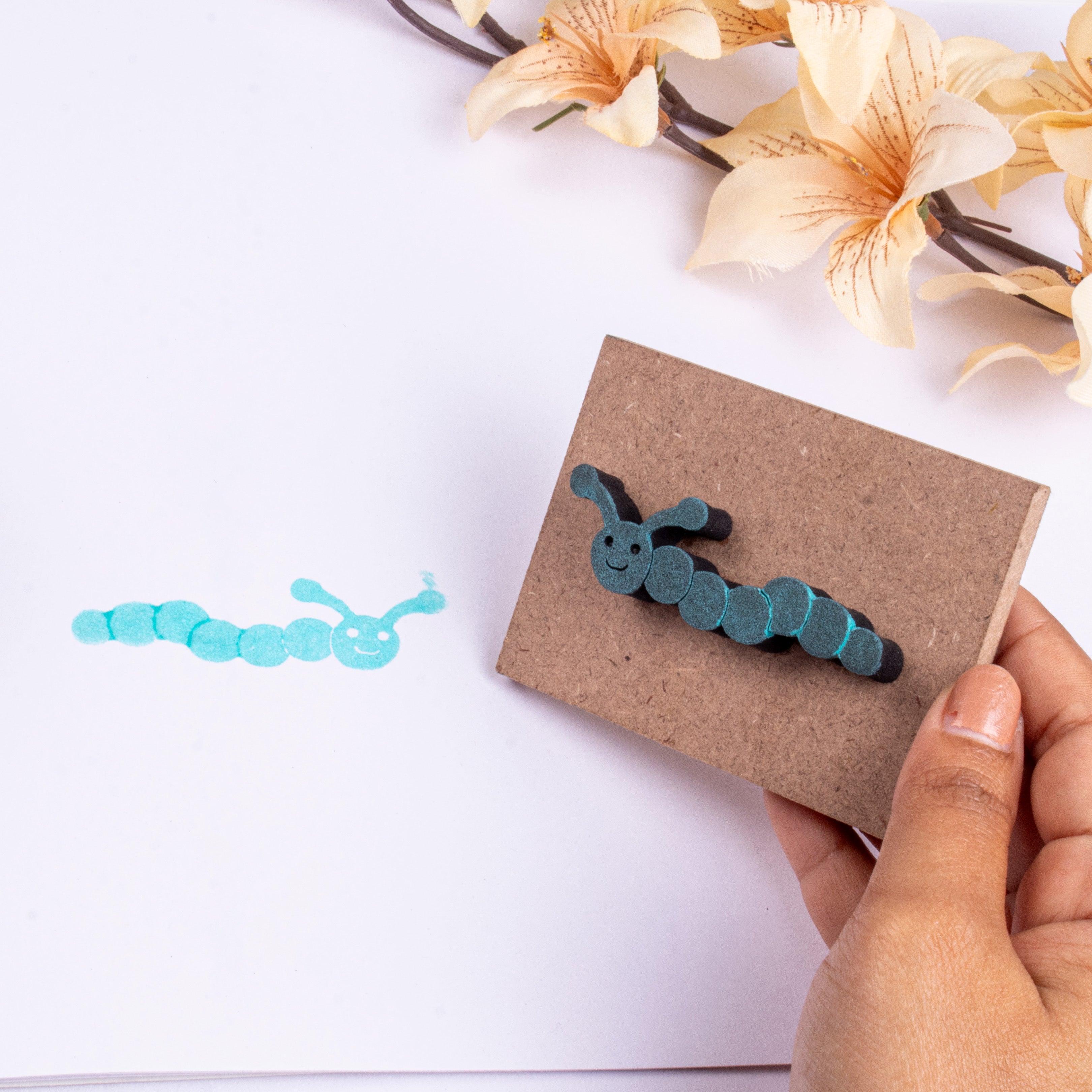 Foam Stamp - Caterpillar | 6.2 x 1.9cm | 10mm Thick (MDF Base 5.5mm thick rectangle 8.2 x 5.9cm) 1pc