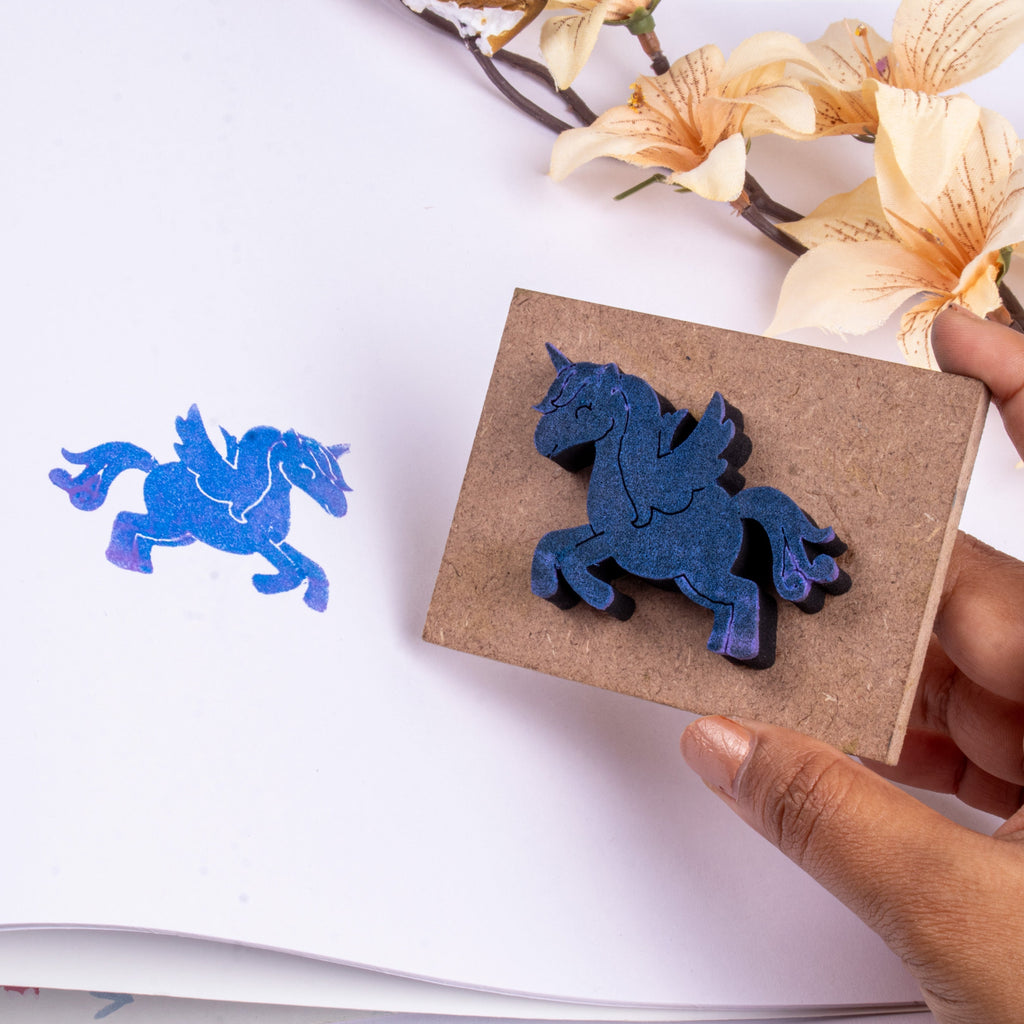 Foam Stamp - Flying Unicorn | 5.4cm x 4cm | 10mm Thick (MDF Base 5.5mm thick rectangle 8.2 x 5.9cm) 1pc