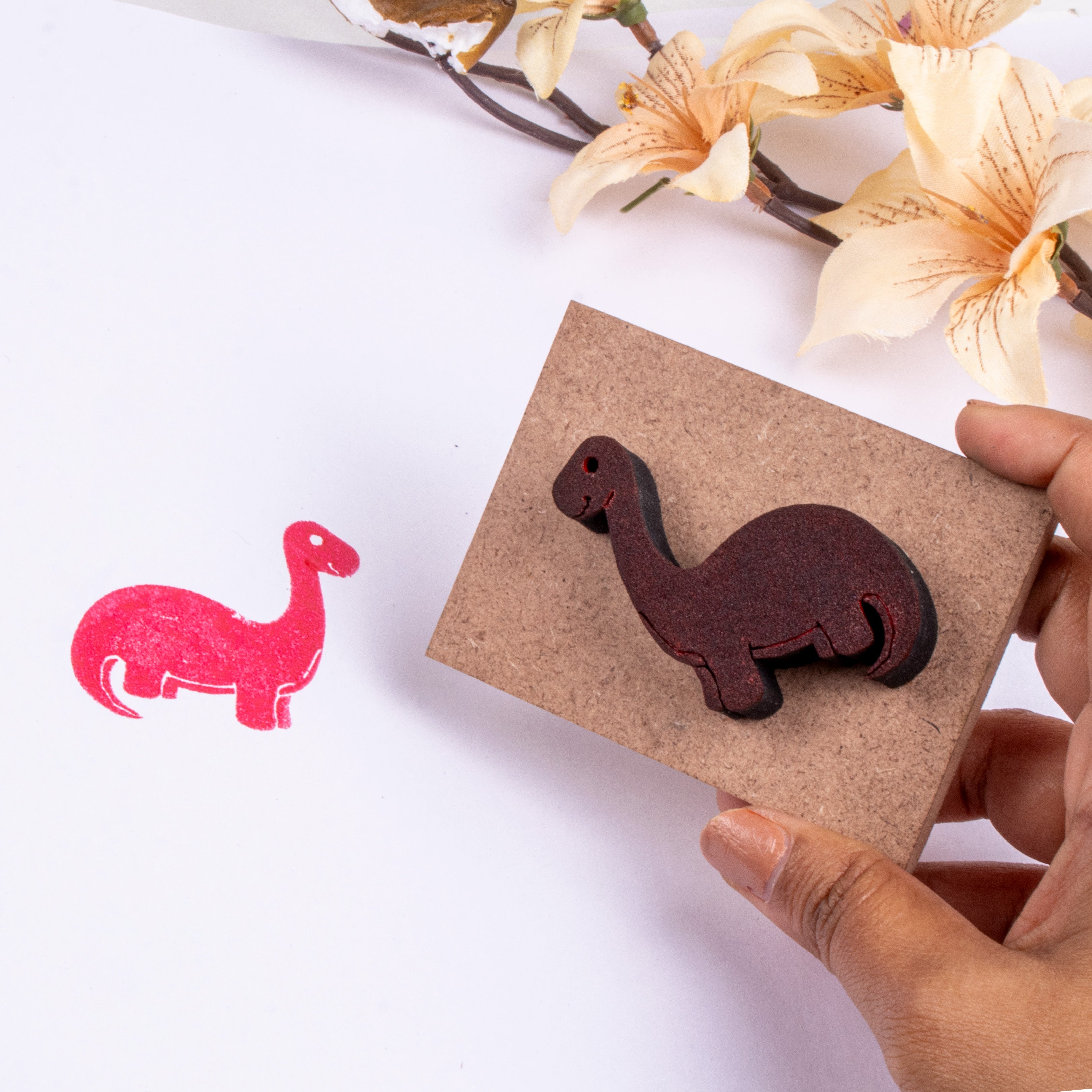 Foam Stamp - Dinosaur | 4.5cm x 4.7cm | 10mm Thick (MDF Base 5.5mm thick, rectangle 8.2cm x 5.9cm) 1pc