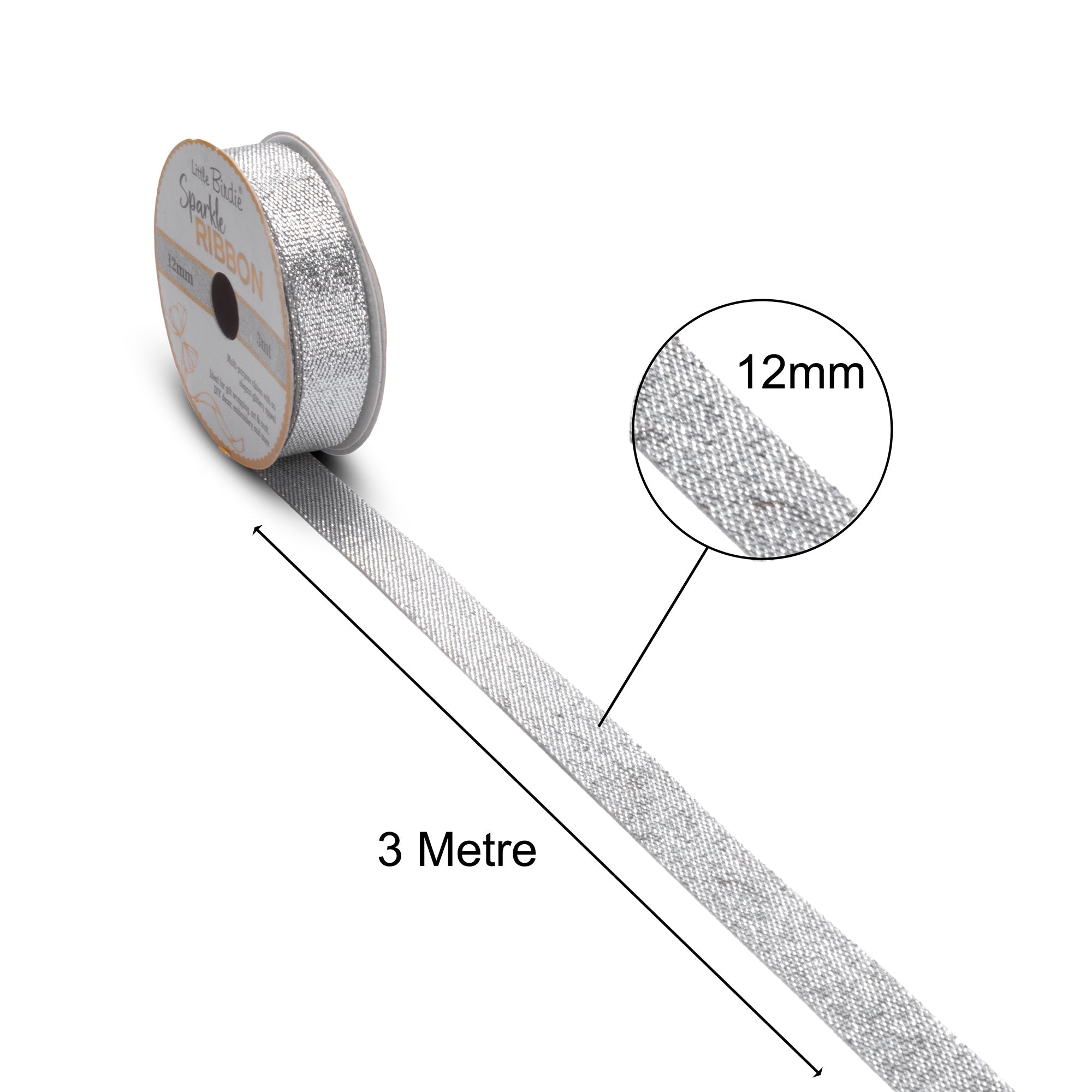 Sparkle Ribbon | 12mm | Silver | 3 Meters - 1 Roll
