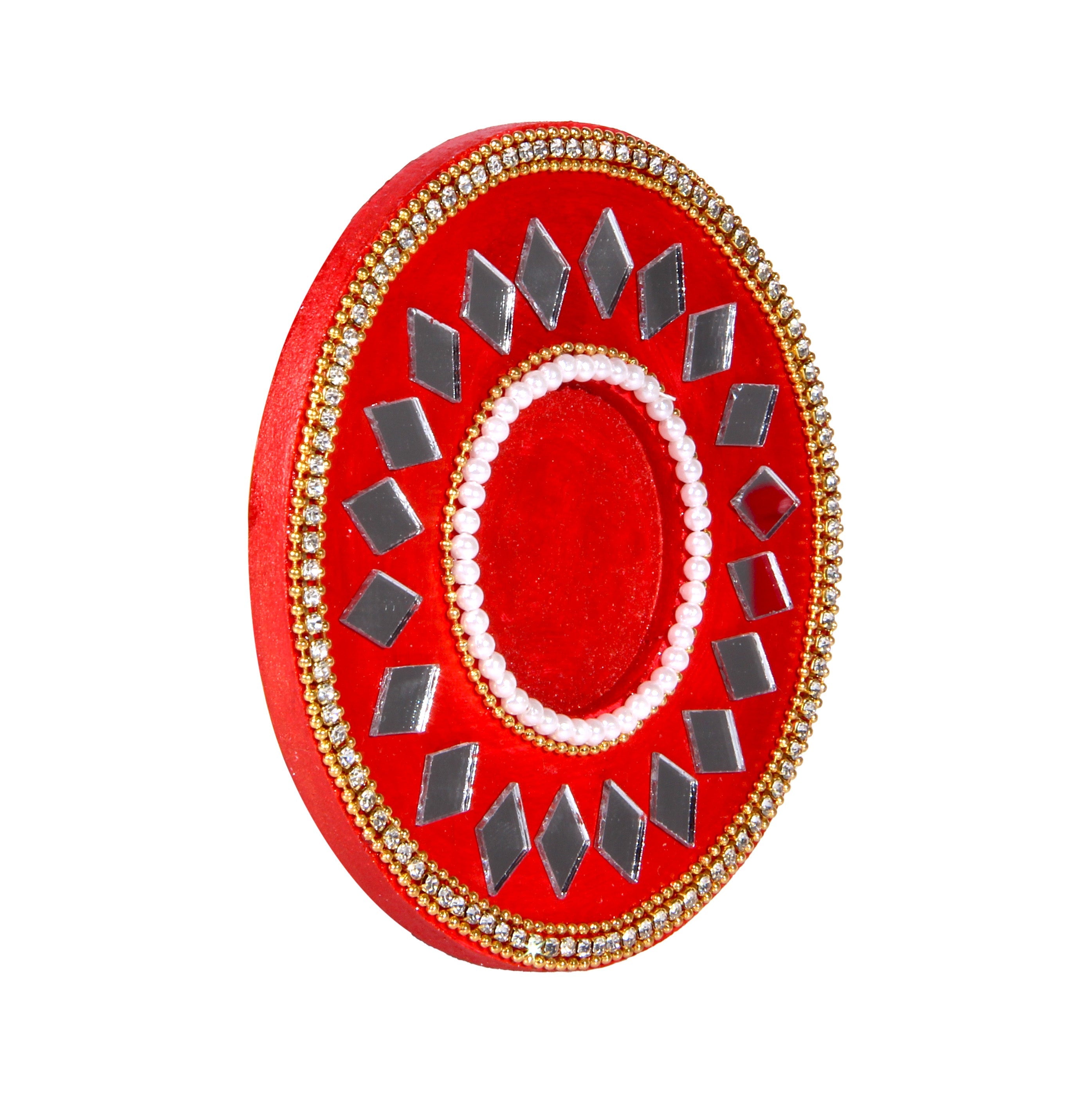 Mirror Work Tealight Holder Diamond Delight Red 4in Dia 5.5mm Thick 1pc ( Candle Included 1pc)