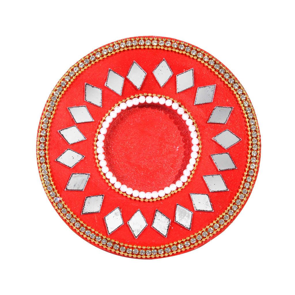 Mirror Work Tealight Holder Diamond Delight Red 4in Dia 5.5mm Thick 1pc ( Candle Included 1pc)