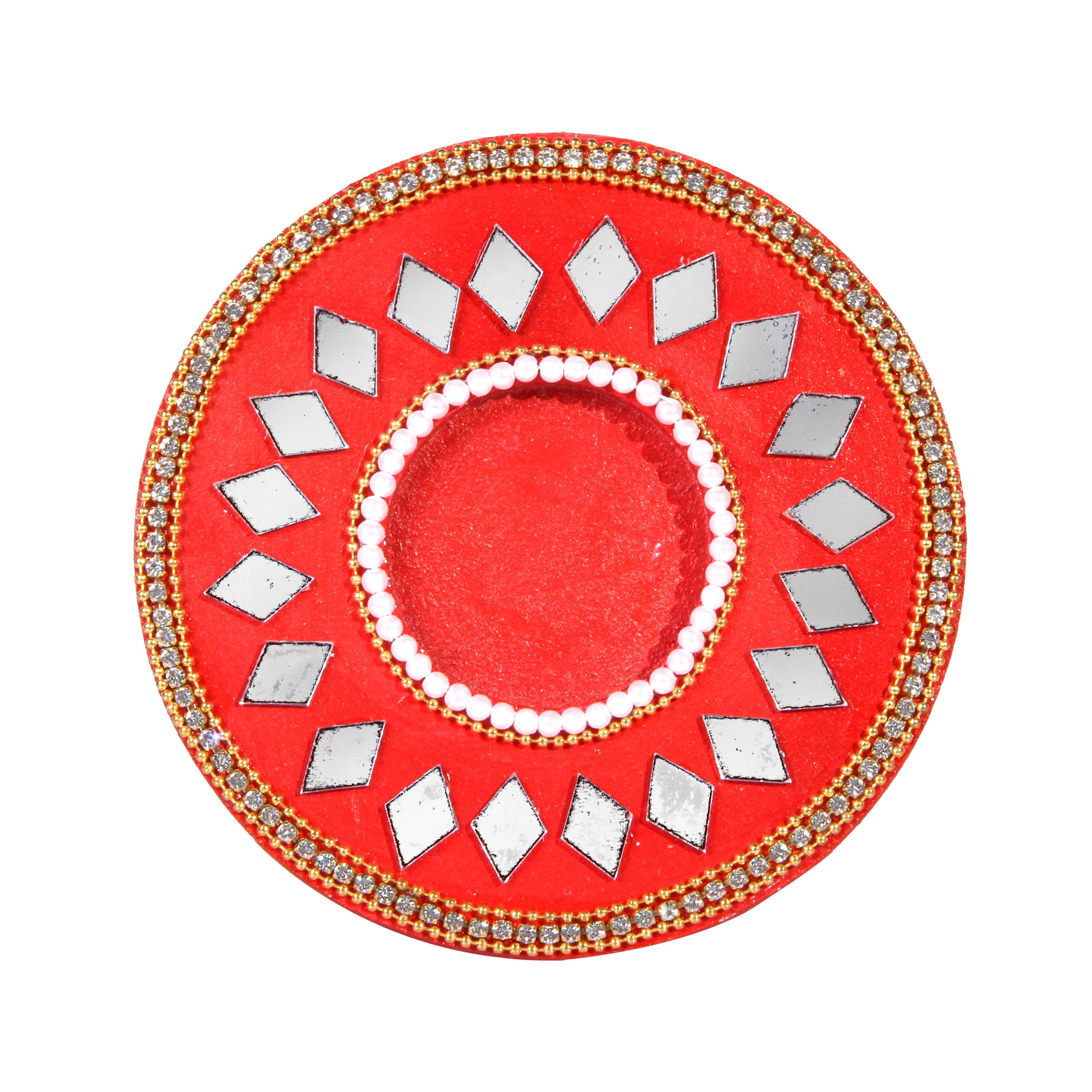 Mirror Work Tealight Holder Diamond Delight Red 4in Dia 5.5mm Thick 1pc ( Candle Included 1pc)