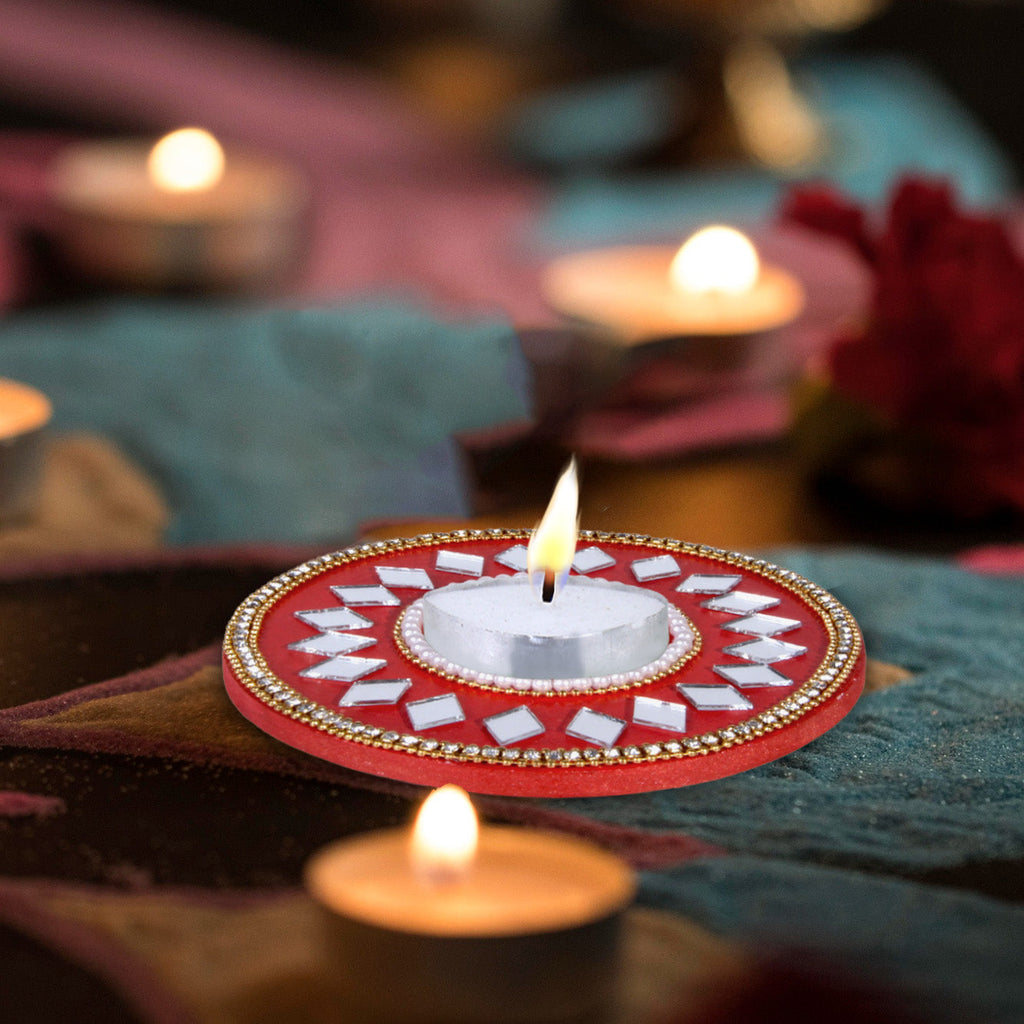 Mirror Work Tealight Holder Diamond Delight Red 4in Dia 5.5mm Thick 1pc ( Candle Included 1pc)