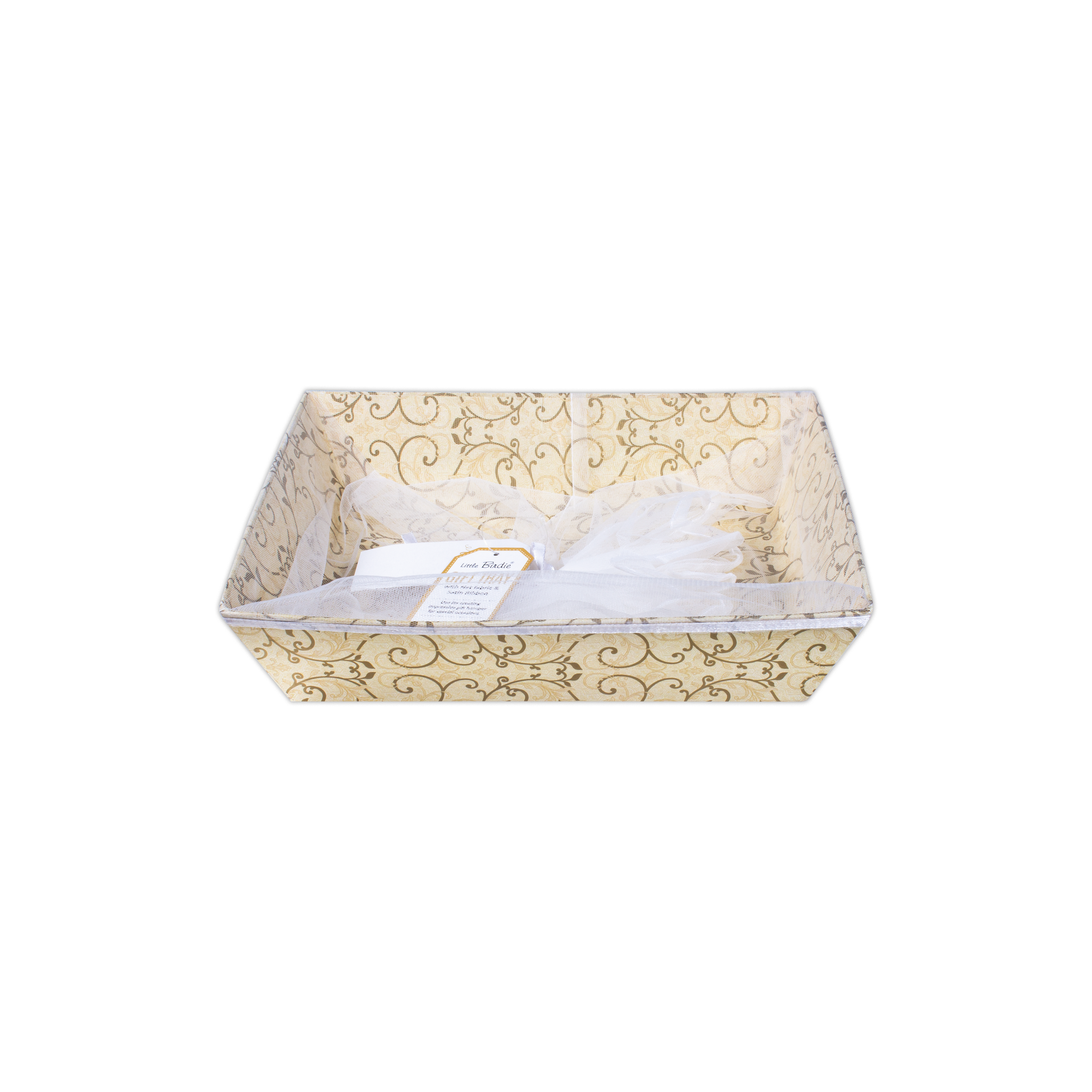 Angled Gifting Tray With Net Cover & Satin Ribbon - Floral Swirl, 6.2in x 8in, 1pc