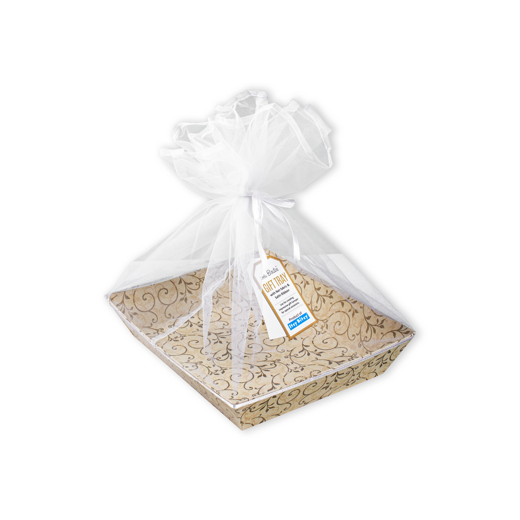 Angled Gifting Tray With Net Cover & Satin Ribbon - Floral Swirl 8.1in x 10.2in, 1pc
