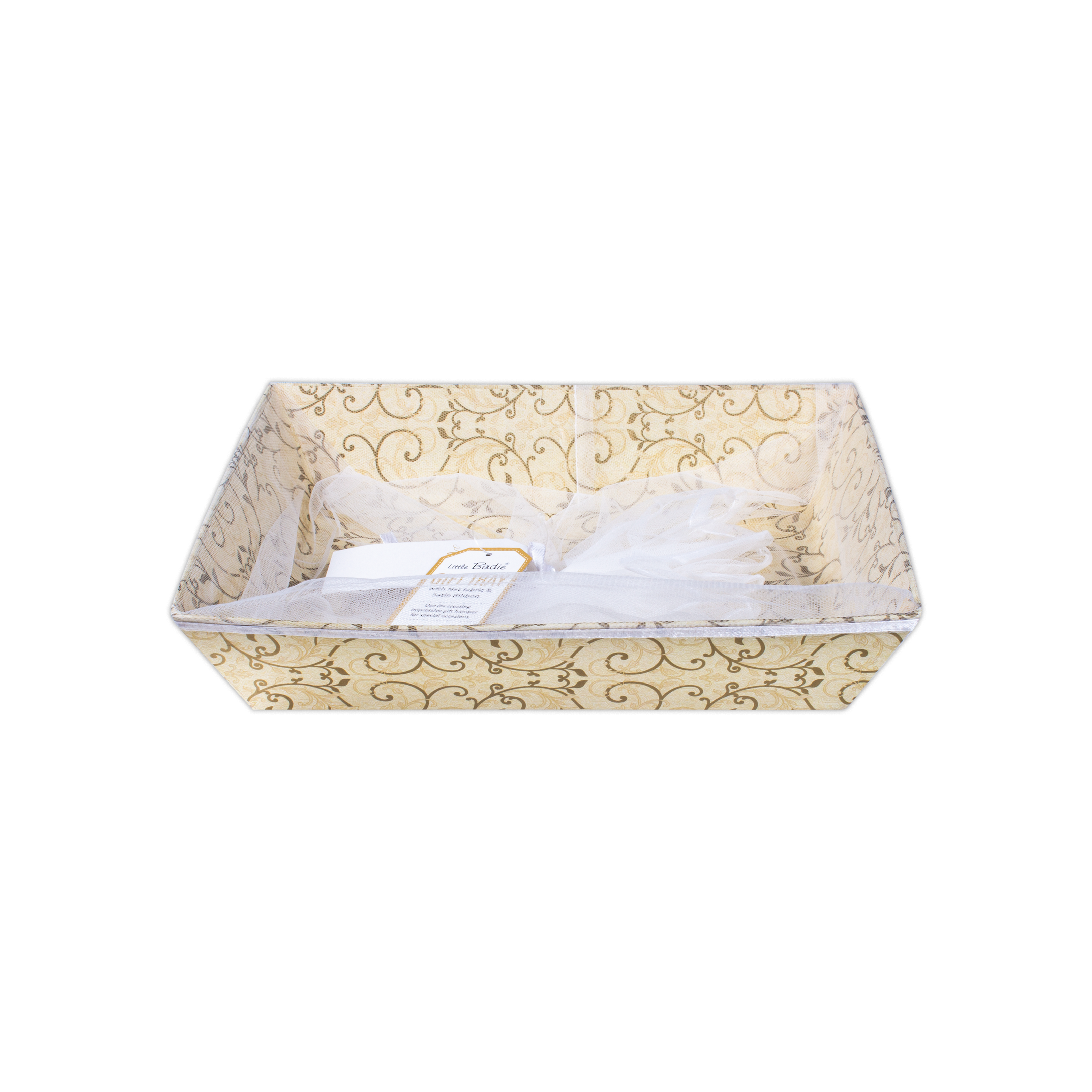 Angled Gifting Tray With Net Cover & Satin Ribbon - Floral Swirl 8.1in x 10.2in, 1pc