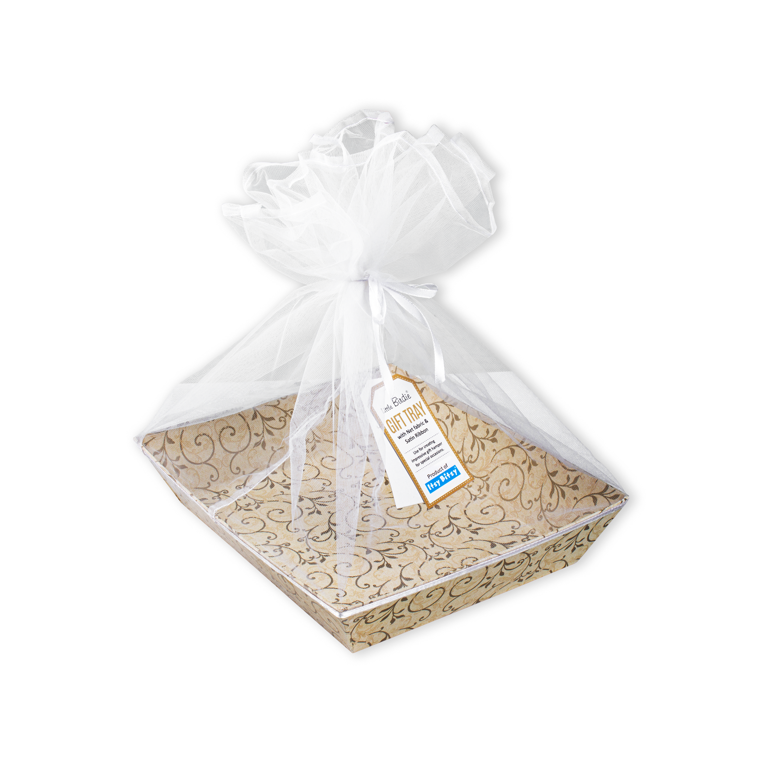 Angled Gifting Tray With Net Cover & Satin Ribbon - Floral Swirl, 10.1in X 12in, 1pc