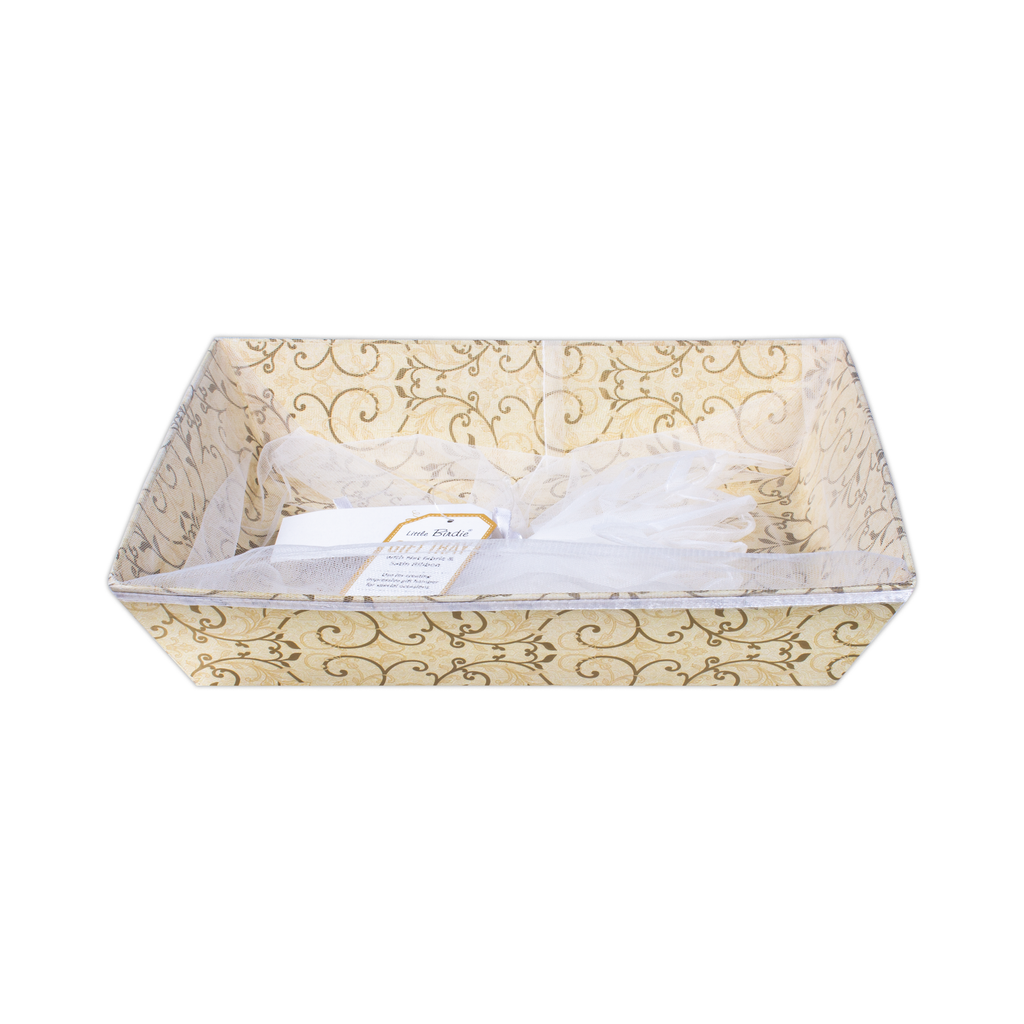 Angled Gifting Tray With Net Cover & Satin Ribbon - Floral Swirl, 10.1in X 12in, 1pc