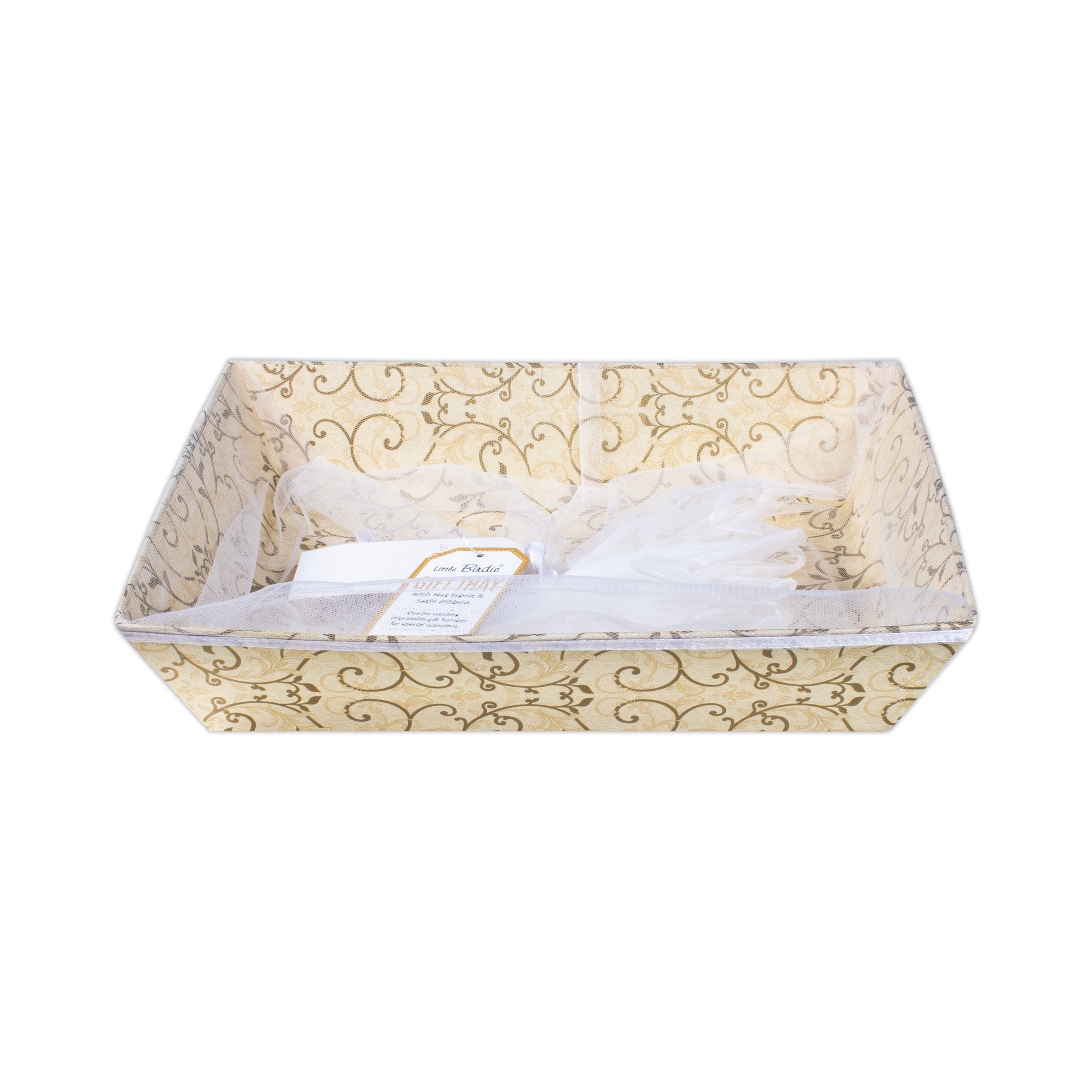 Angled Gifting Tray With Net Cover & Satin Ribbon - Floral Swirl, 10.1in X 12in, 1pc