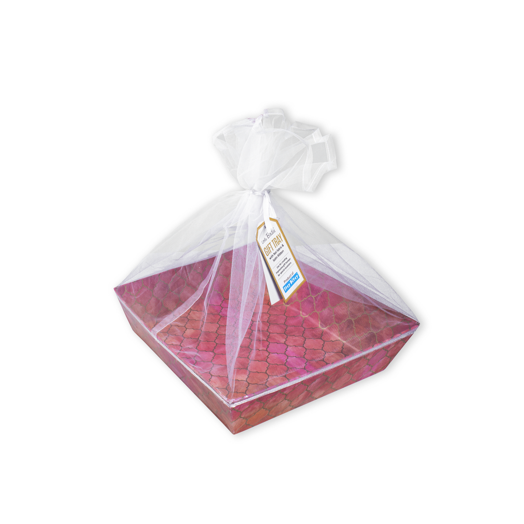 Angled Gifting Tray With Net Cover & Satin Ribbon - Moroccan Trellis, 6.2in x 8in, 1pc