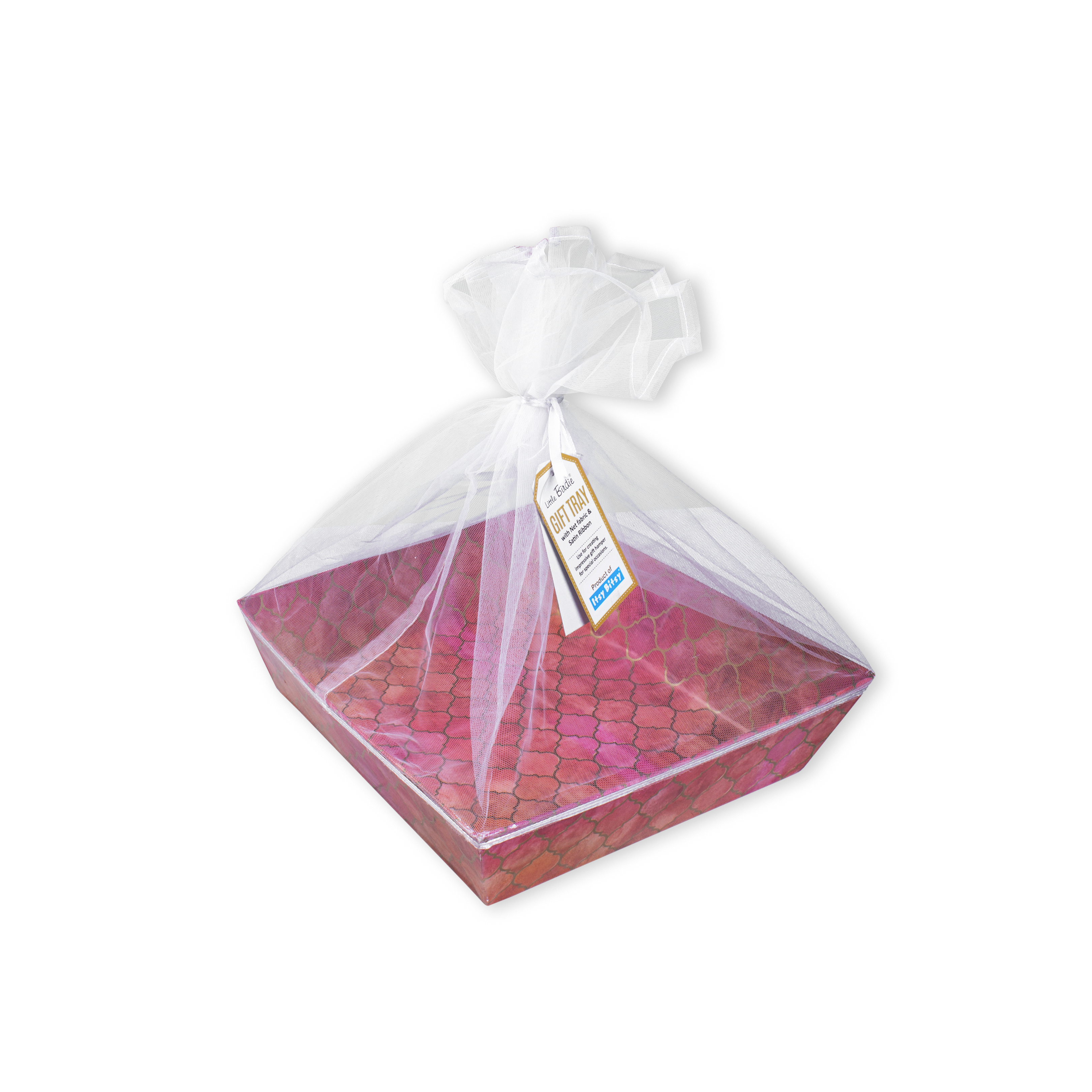 Angled Gifting Tray With Net Cover & Satin Ribbon - Moroccan Trellis, 6.2in x 8in, 1pc
