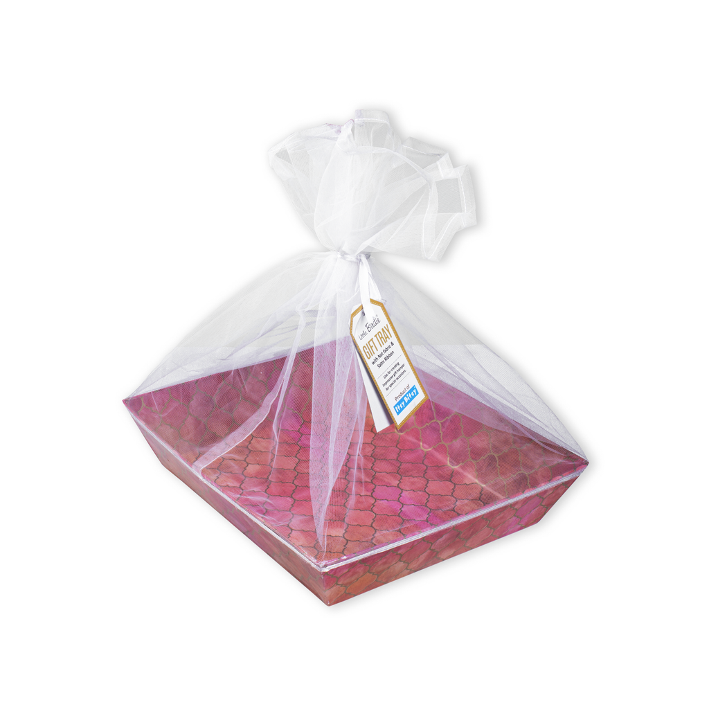 Angled Gifting Tray With Net Cover & Satin Ribbon - Moroccan Trellis, 10.1in x 12in, 1pc